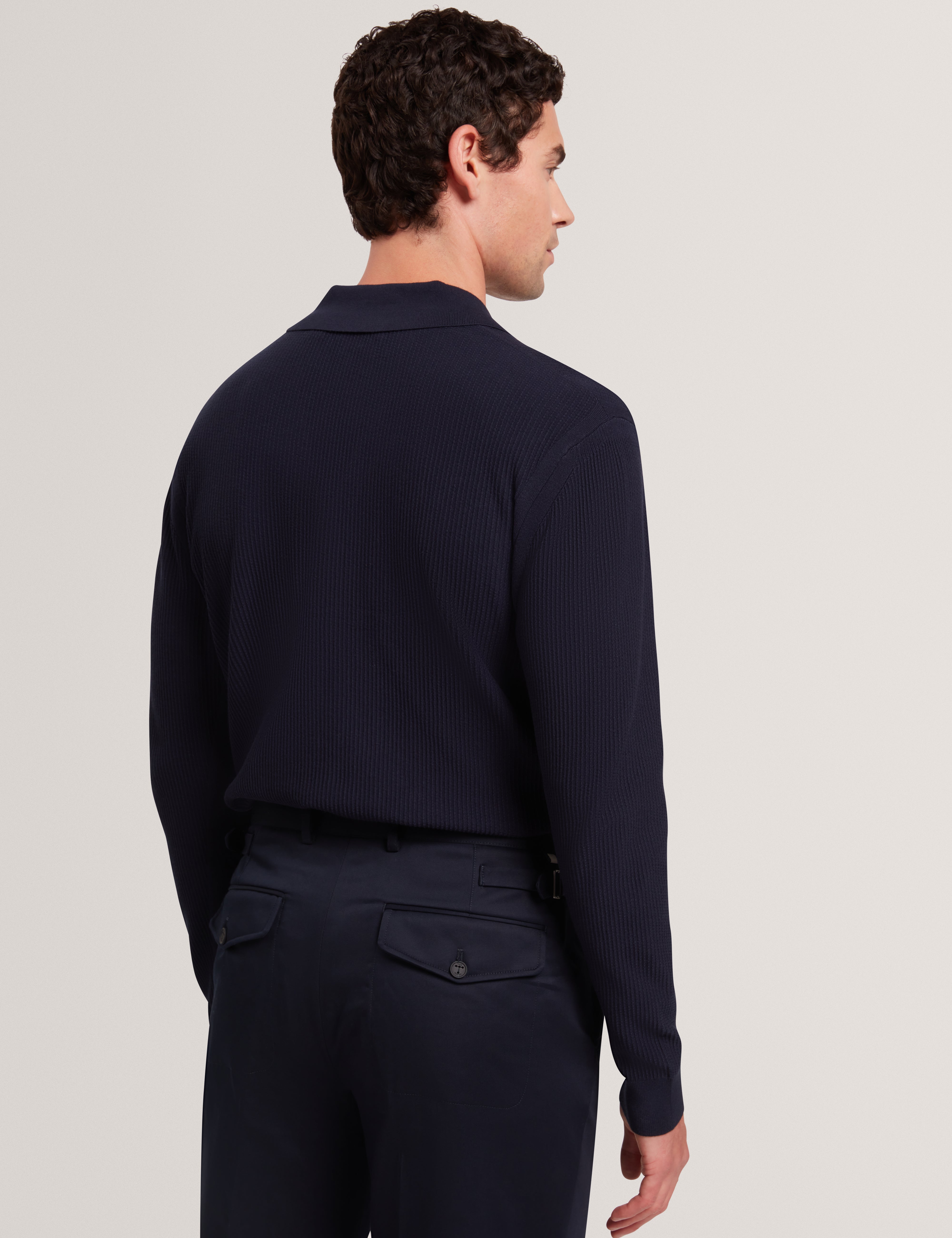 Diarmad Long Sleeve Rib Button Thru Knit Polo Navy