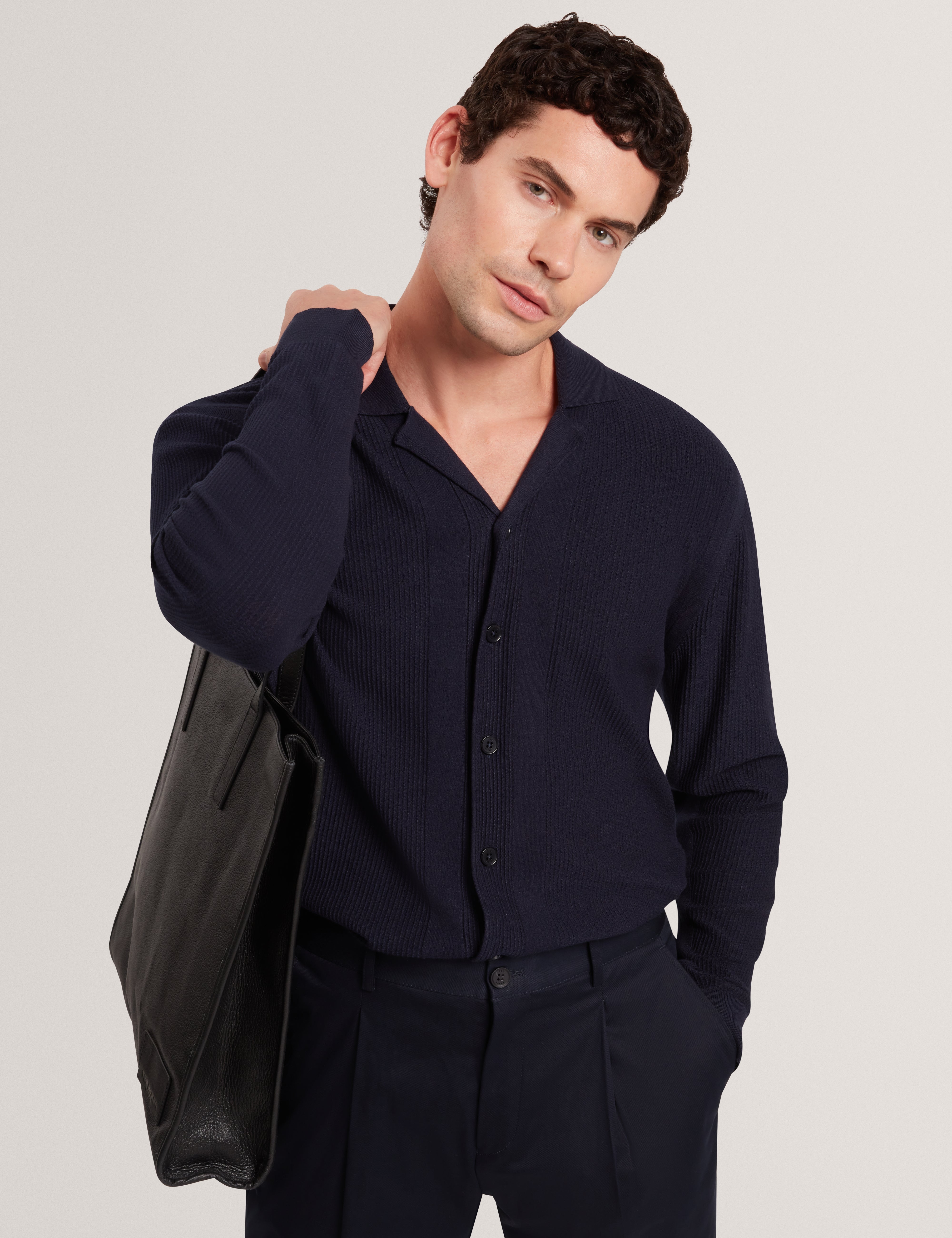 Diarmad Long Sleeve Rib Button Thru Knit Polo Navy