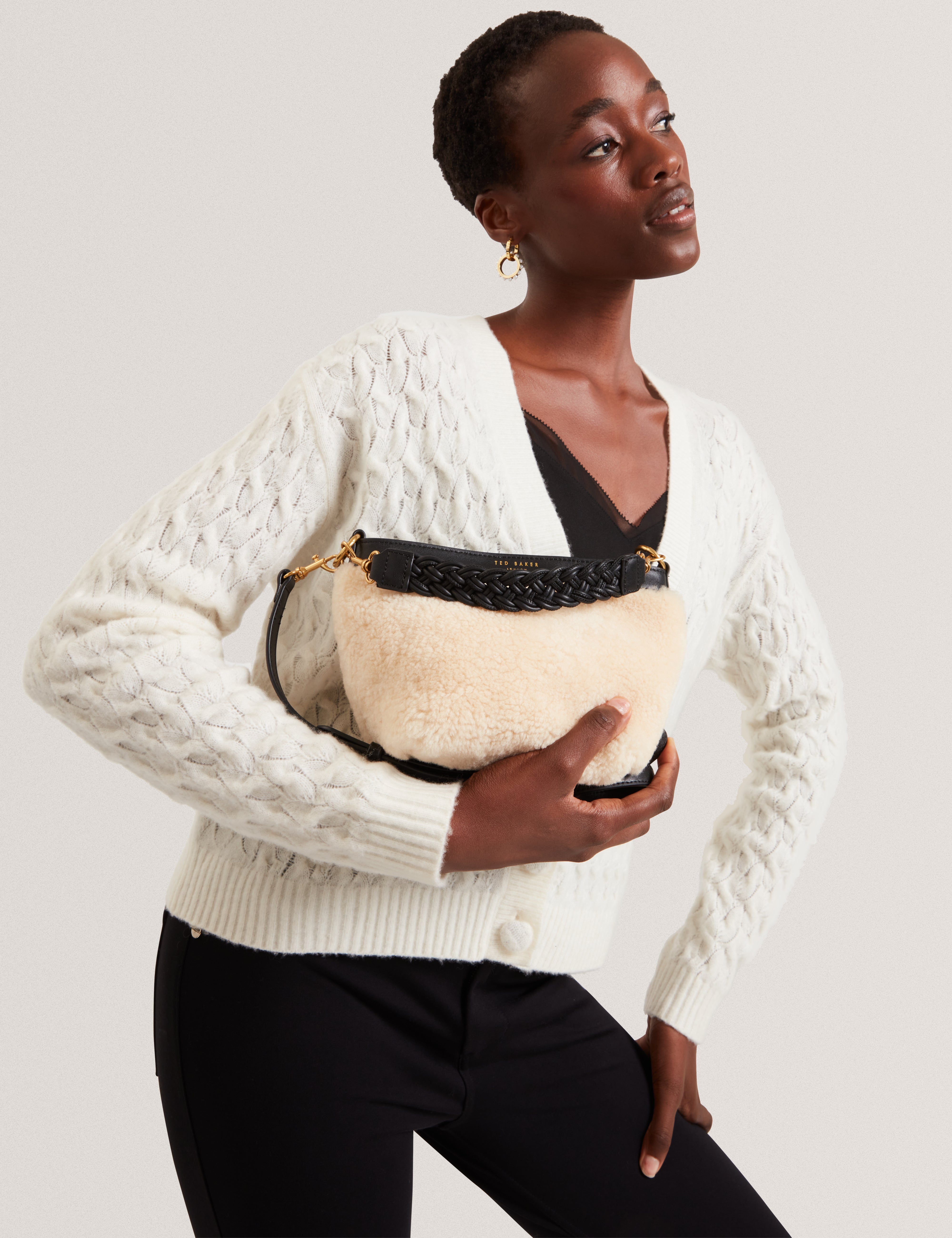 Sherbaa Shearling Leather Weave Handle Crossbody Black