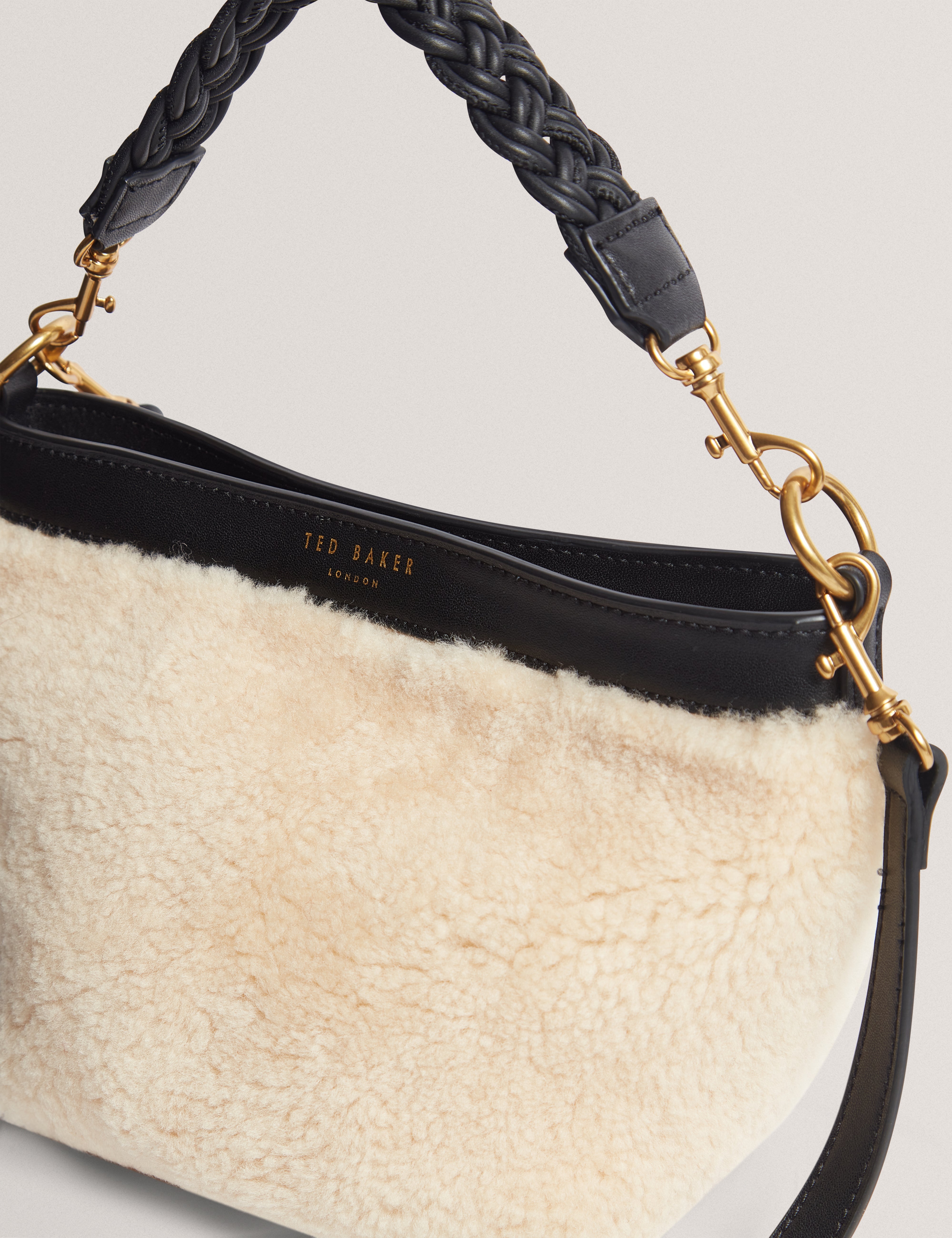 Sherbaa Shearling Leather Weave Handle Crossbody Black