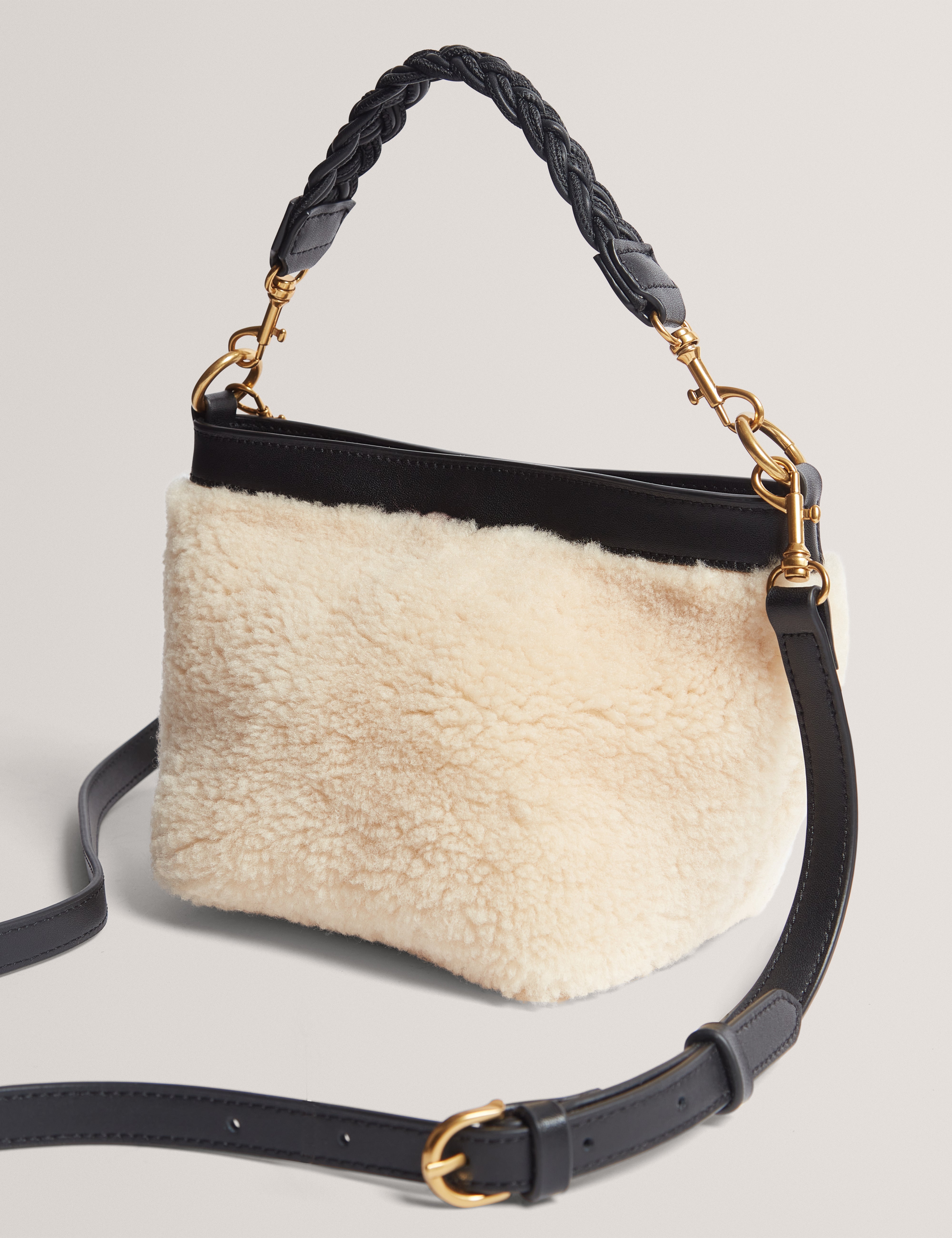 Sherbaa Shearling Leather Weave Handle Crossbody Black