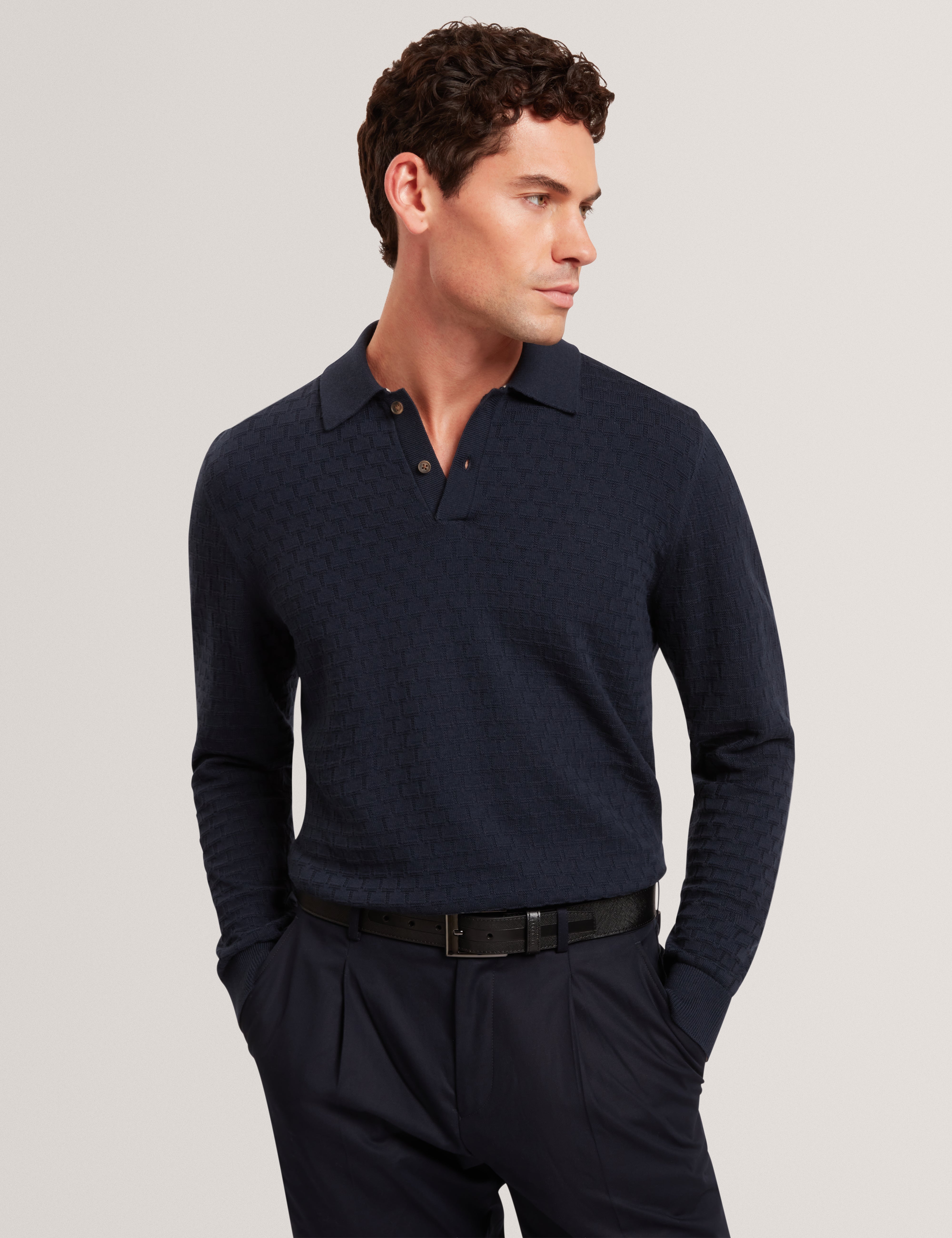 Gaten Long Sleeve T Stitch Polo Navy