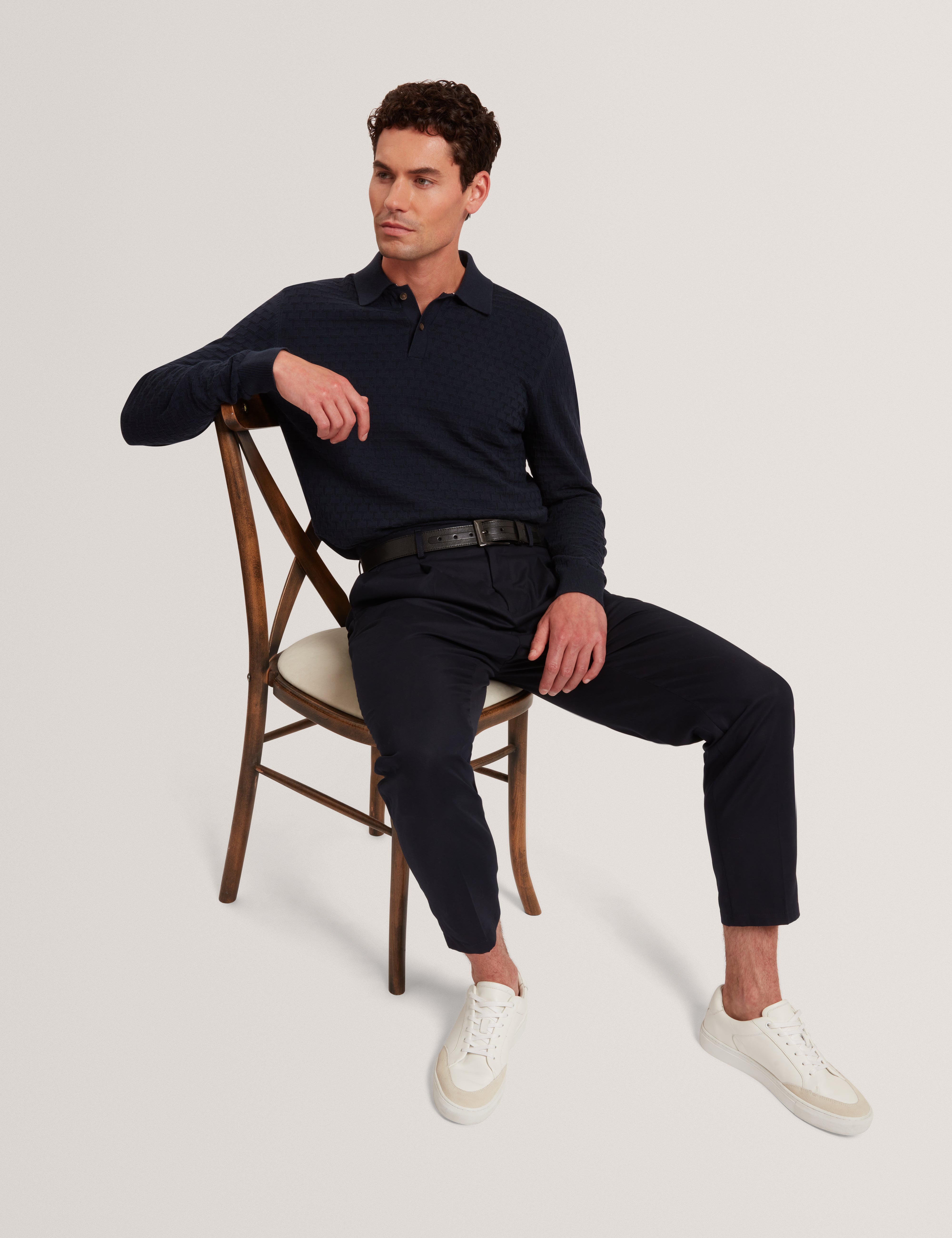 Gaten Long Sleeve T Stitch Polo Navy