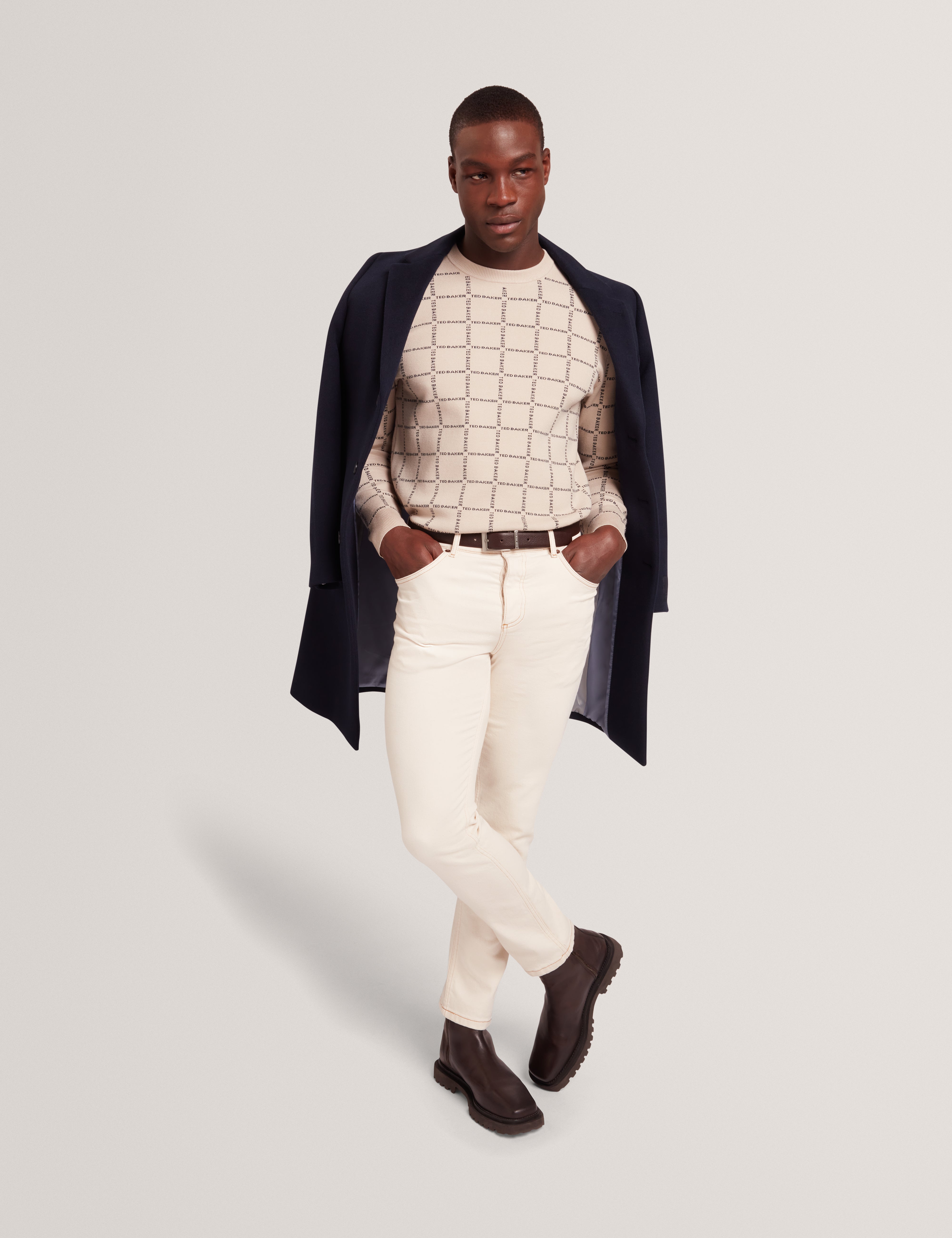 Hysand Short Sleeve Branded Check Crew Neck Taupe