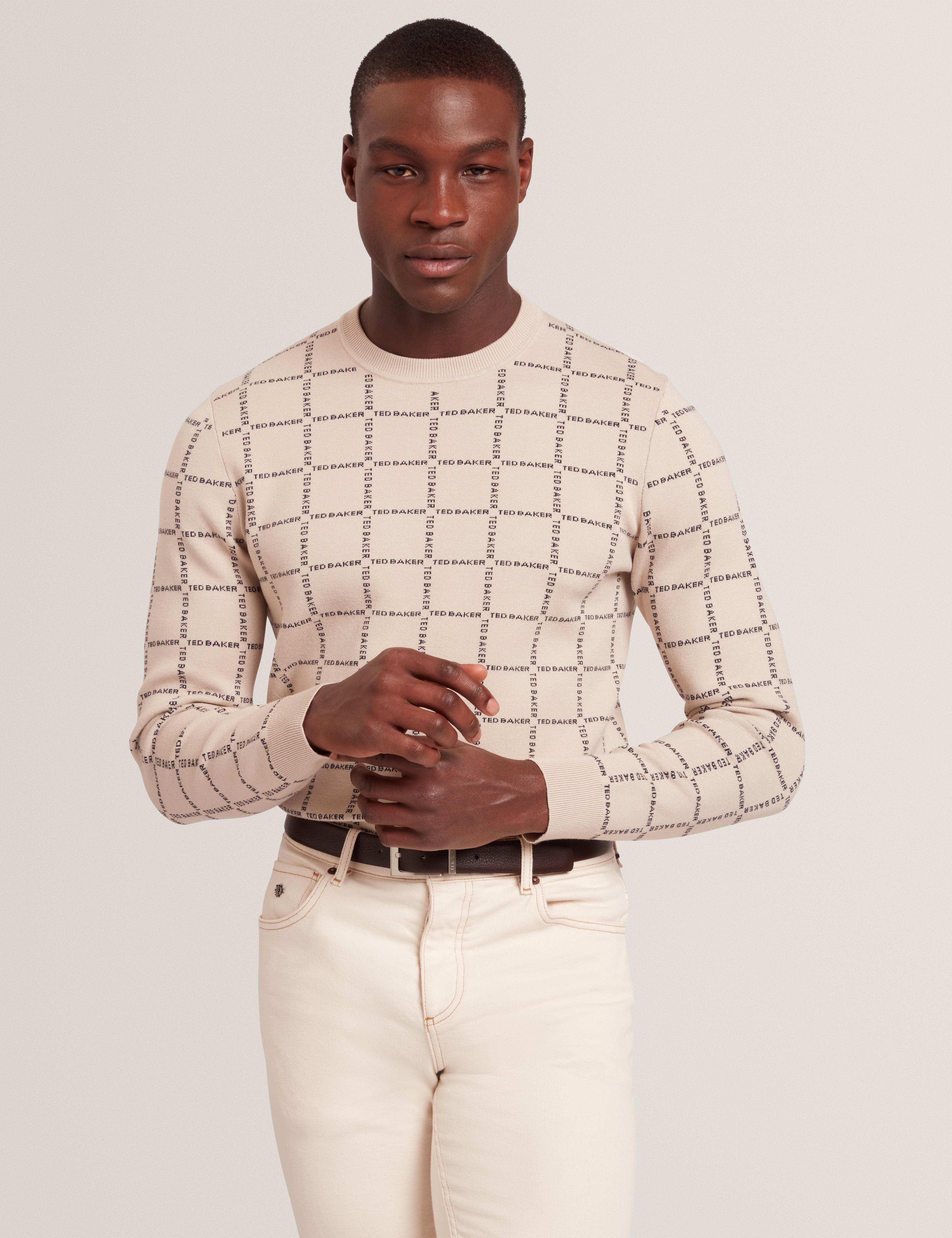 Hysand Short Sleeve Branded Check Crew Neck Taupe