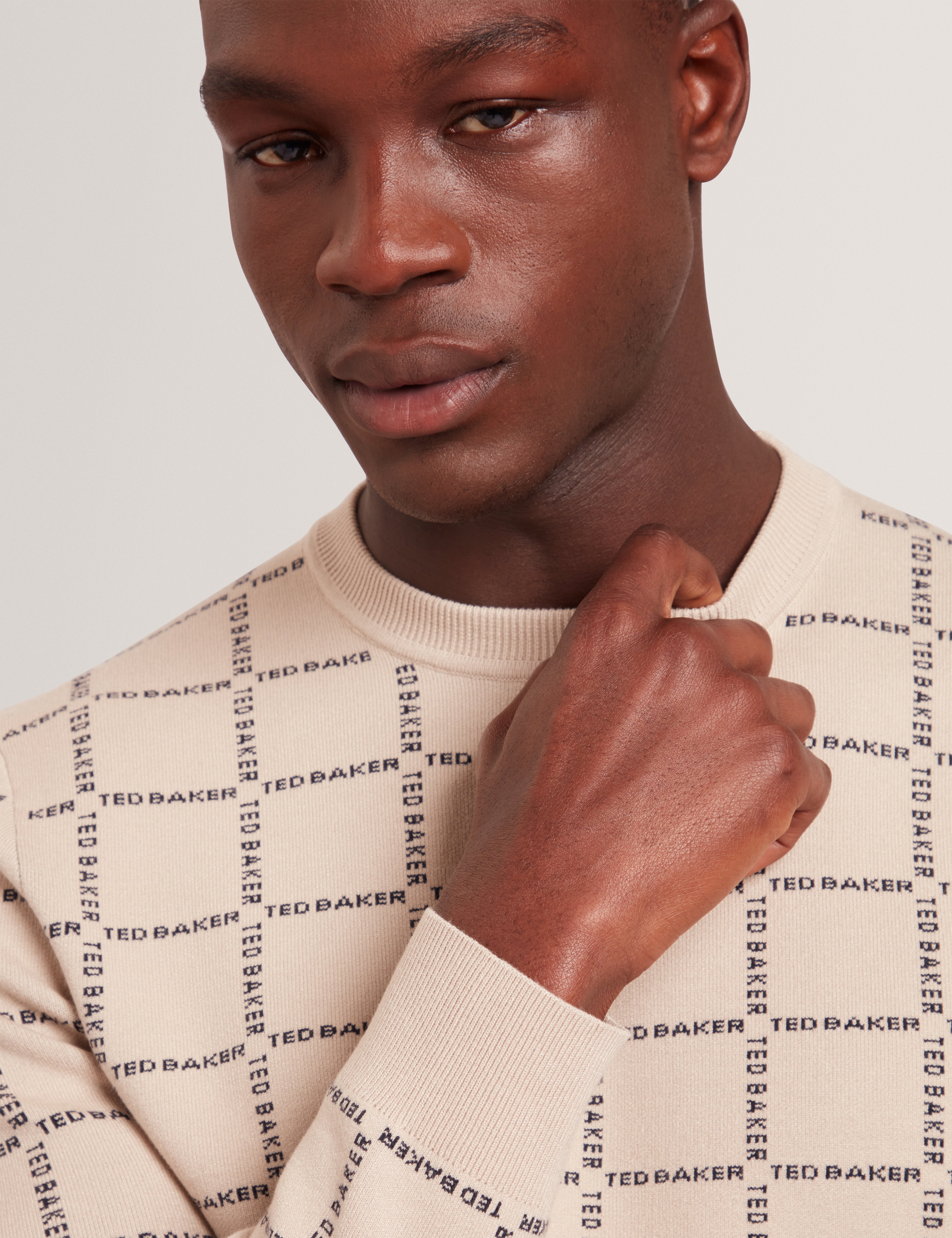 Hysand Short Sleeve Branded Check Crew Neck Taupe