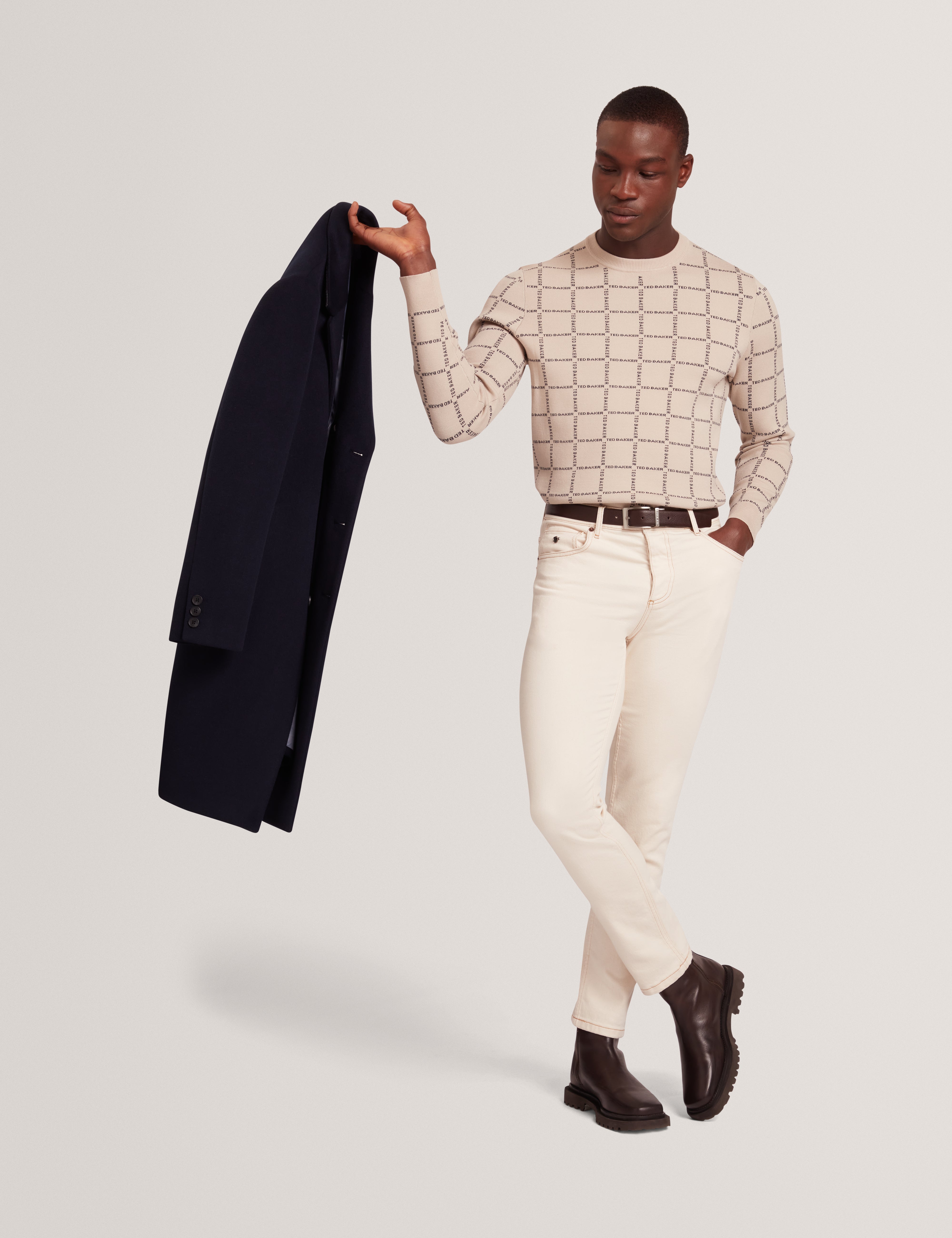 Hysand Short Sleeve Branded Check Crew Neck Taupe