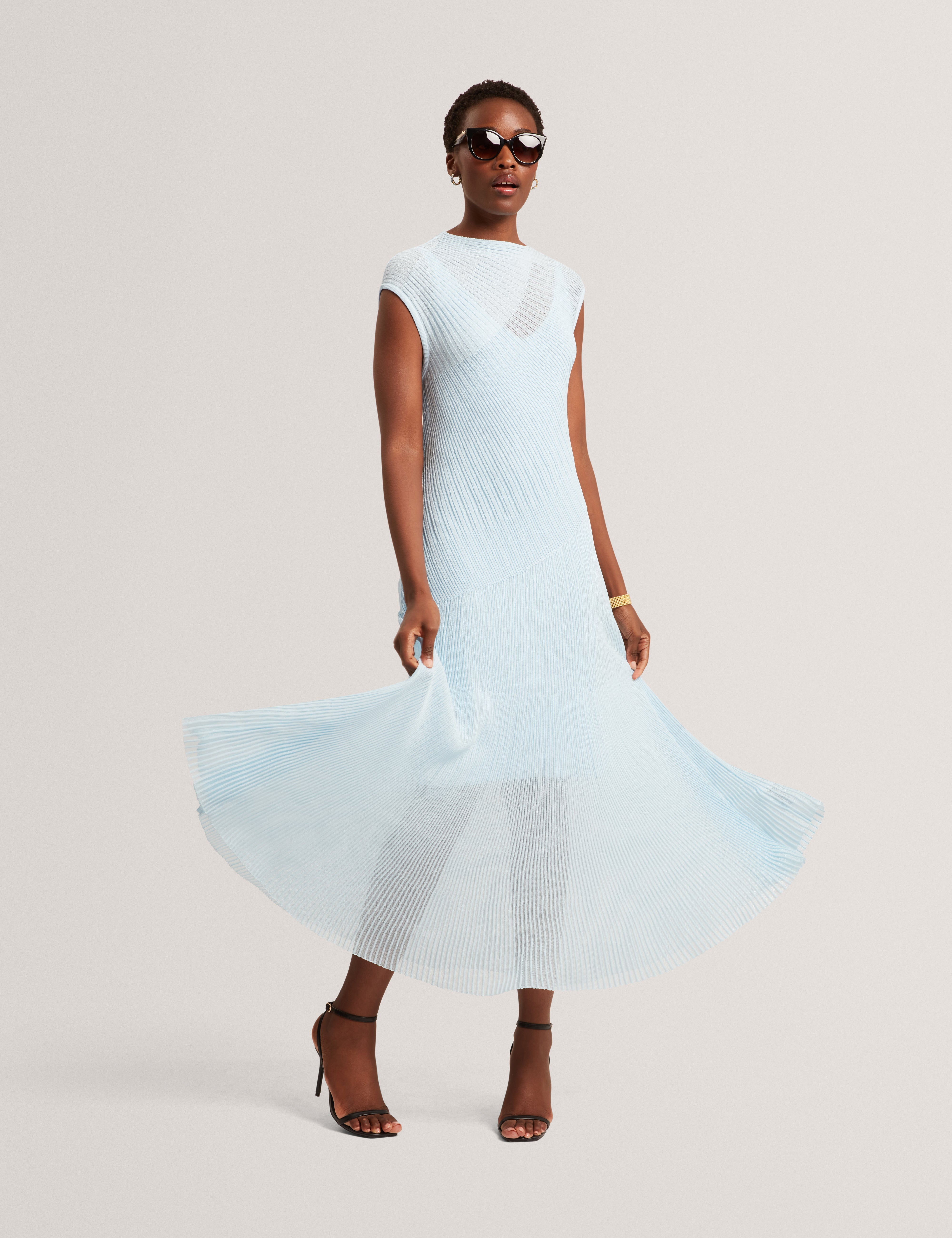 Celyina Sheer Detail Knit Midi Dress Pl-Blue