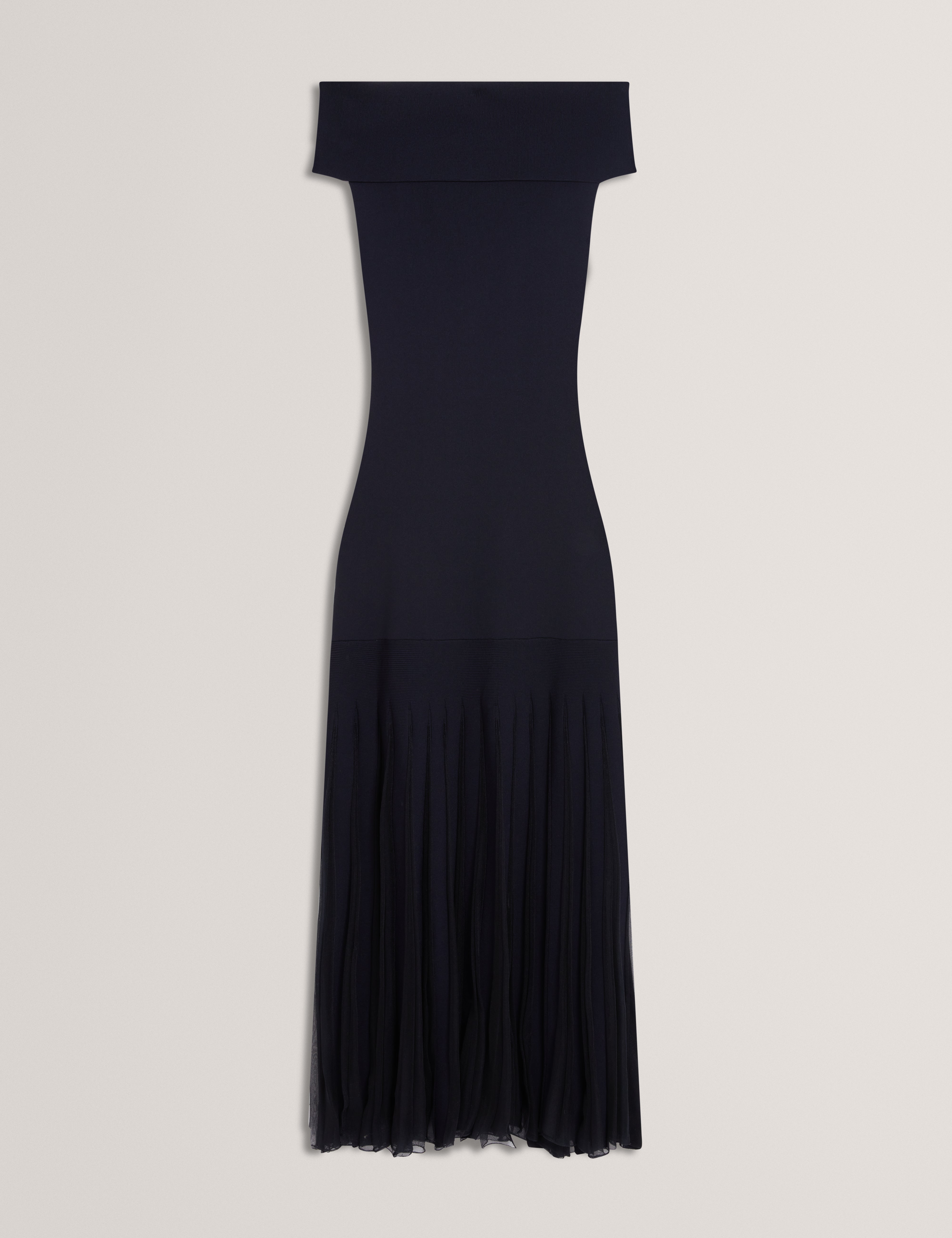Suannaa Dropped Waist Off The Shoulder Knit Dress Navy