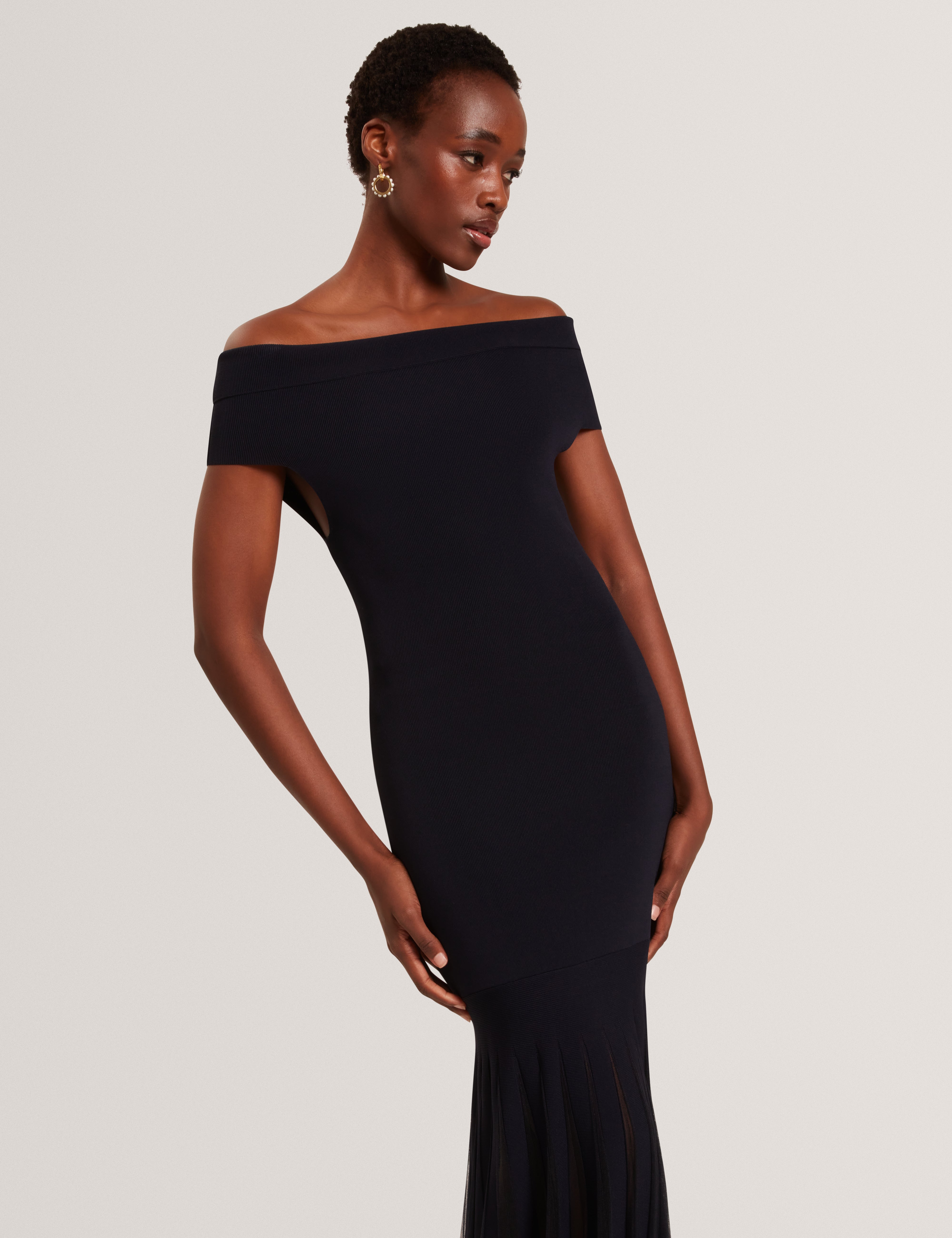 Suannaa Dropped Waist Off The Shoulder Knit Dress Navy