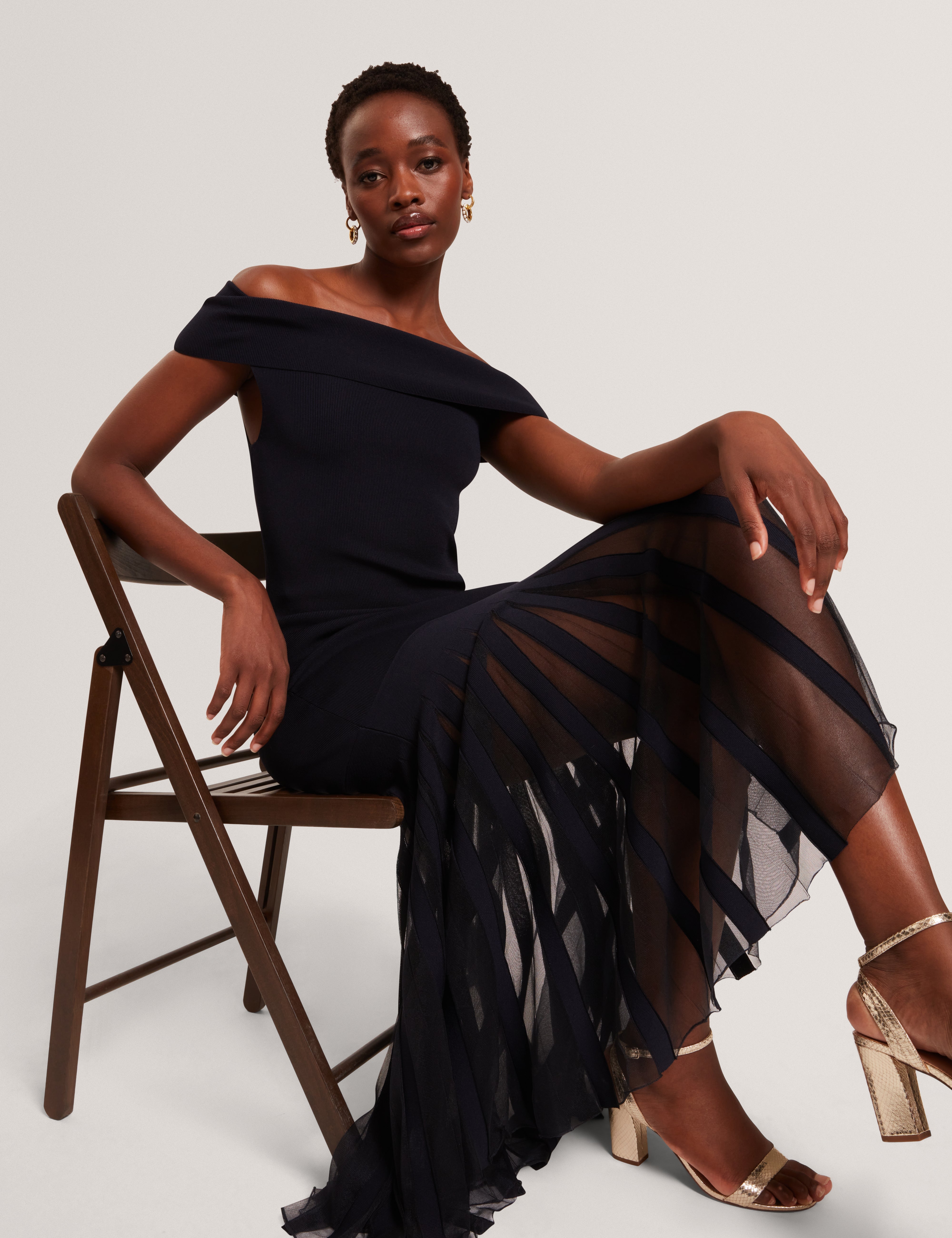 Suannaa Dropped Waist Off The Shoulder Knit Dress Navy