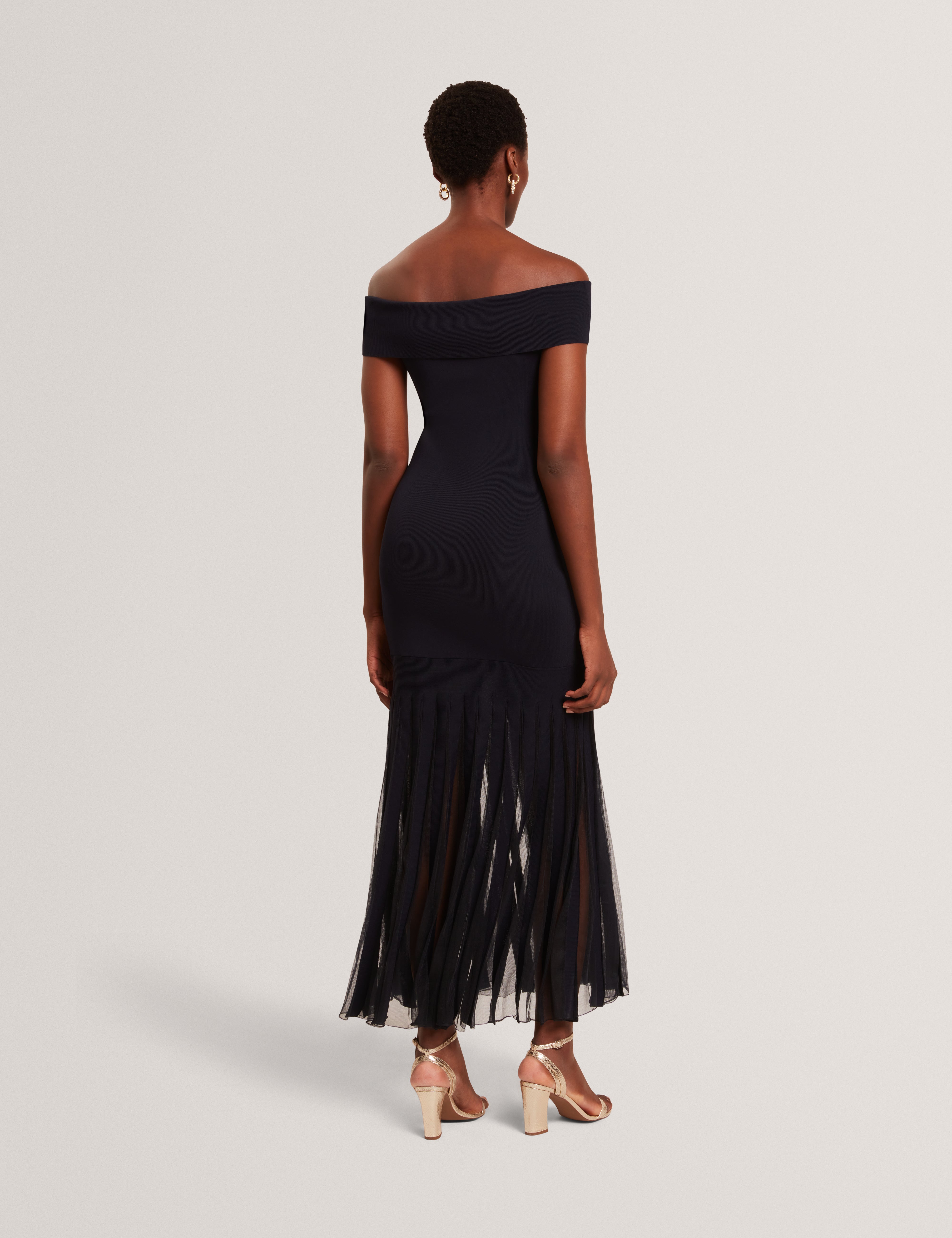 Suannaa Dropped Waist Off The Shoulder Knit Dress Navy