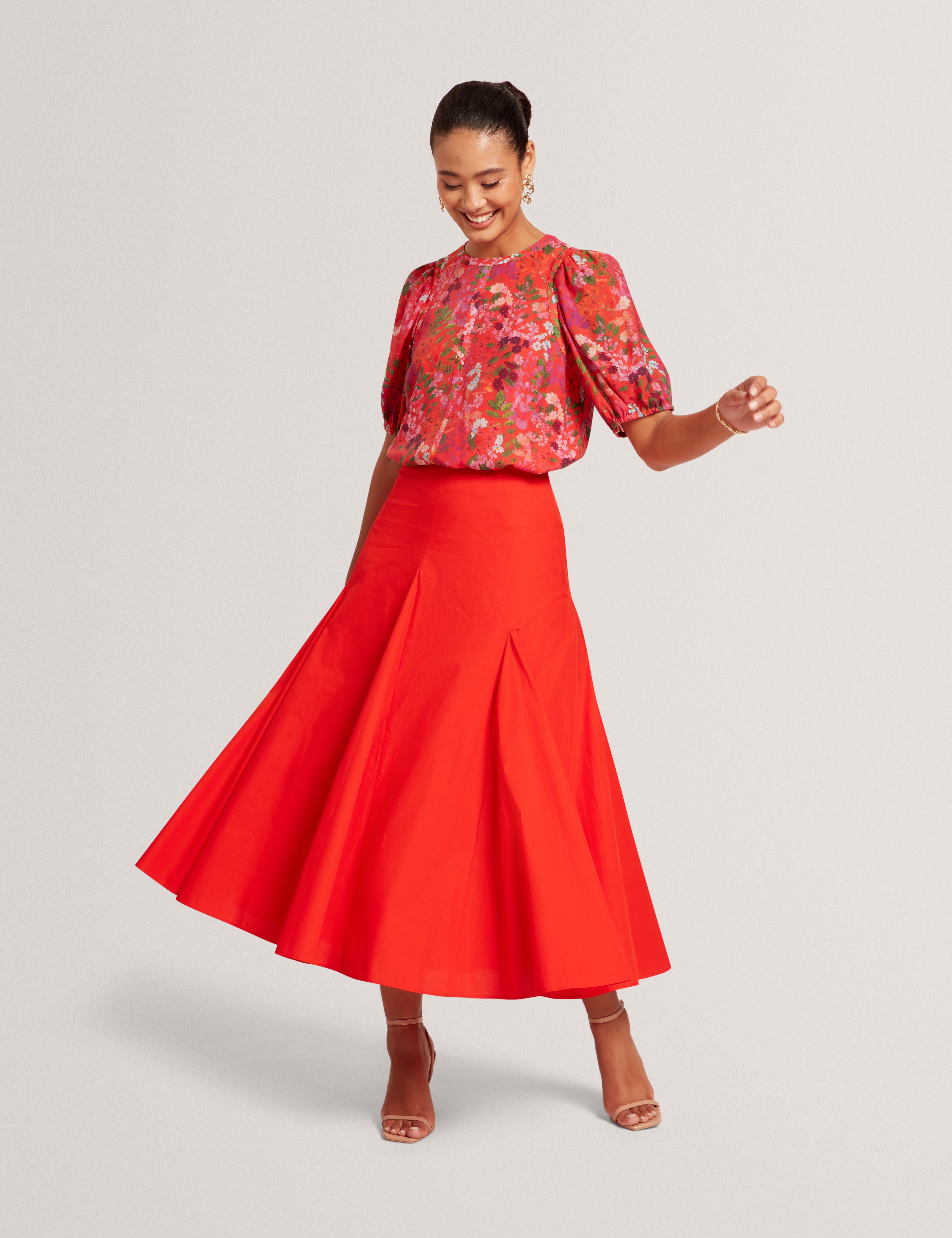 Zanzah Cotton Poplin Midi Skirt Red