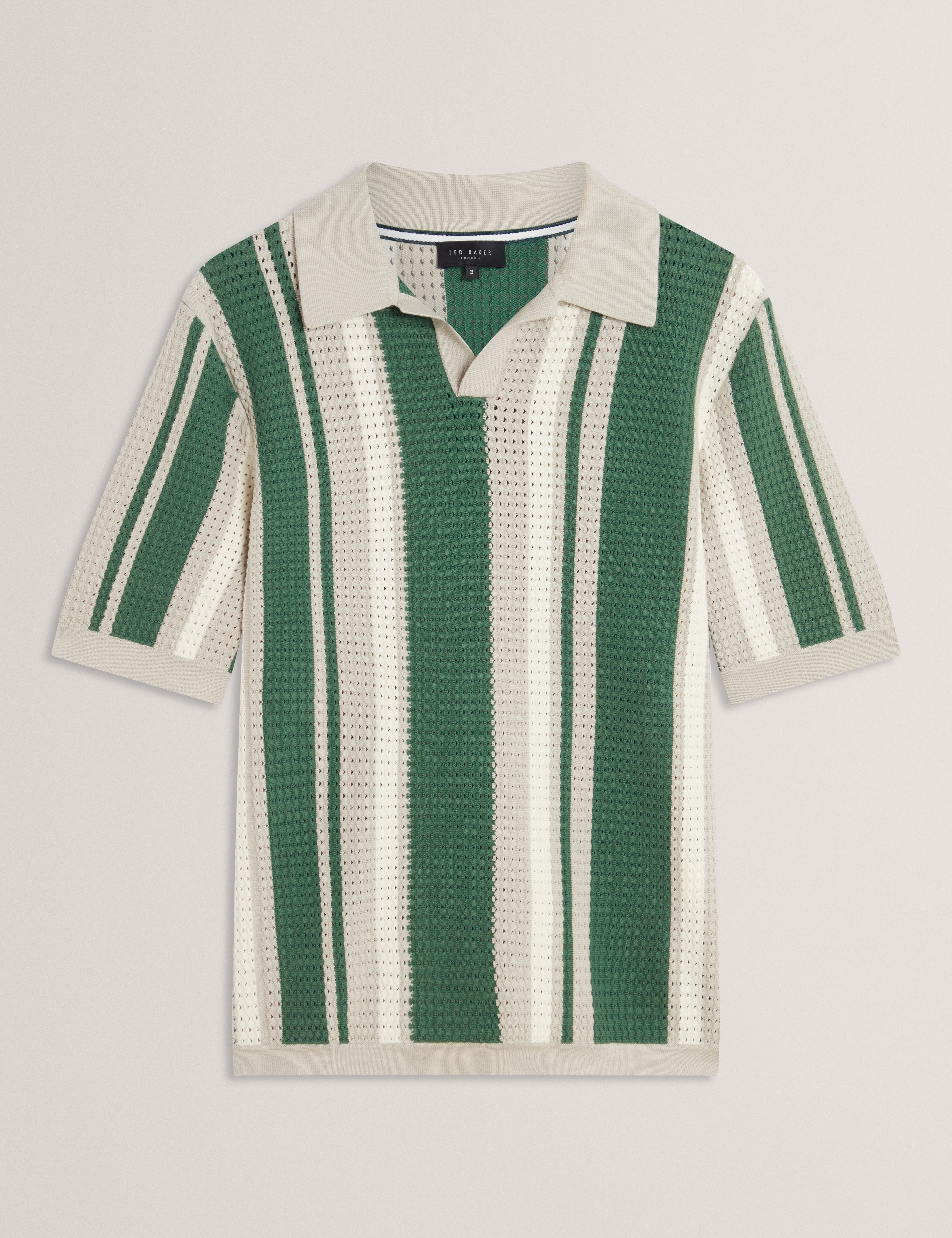 Ealings Short Sleeve Open Neck Pointelle Stripe Polo Khaki
