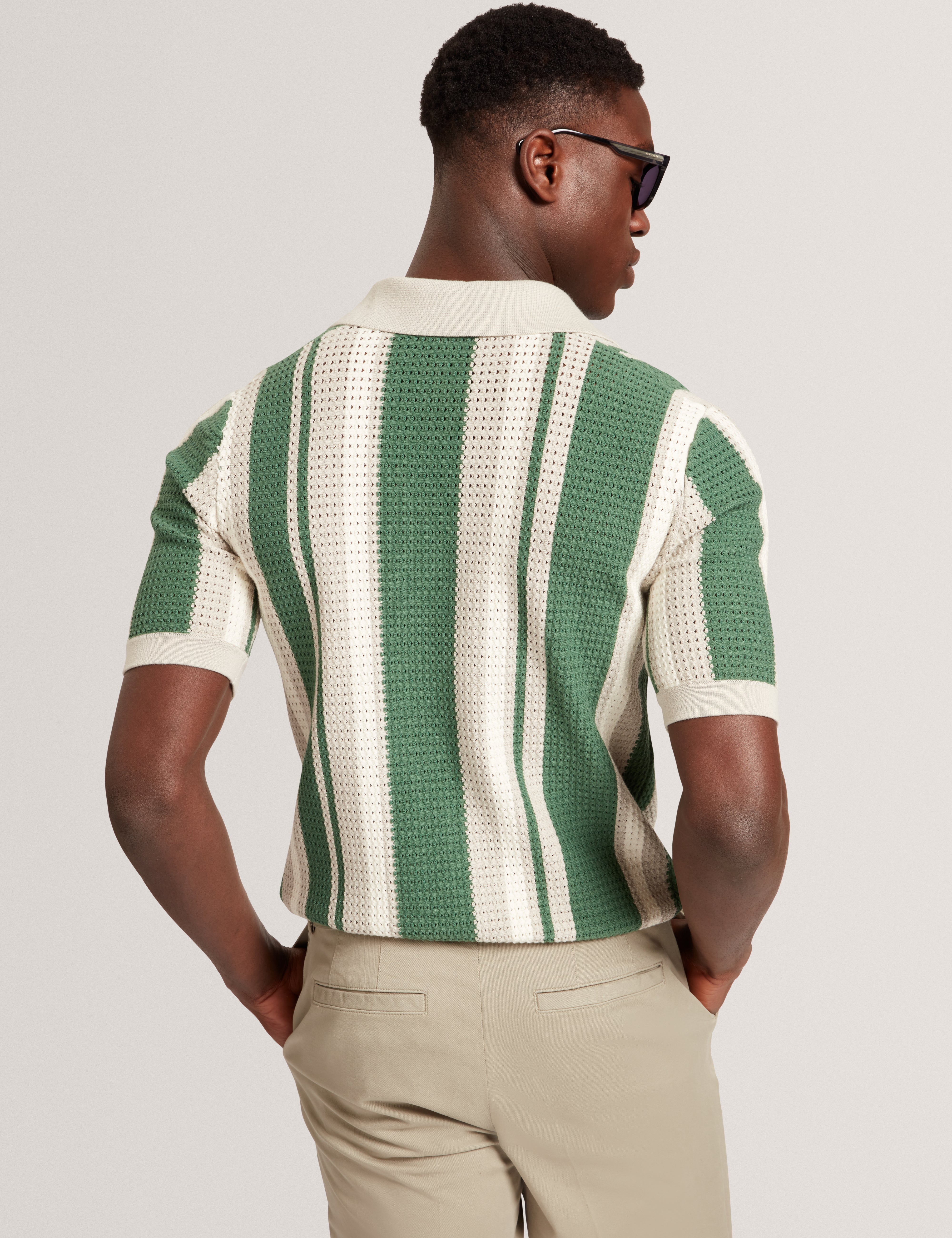 Ealings Short Sleeve Open Neck Pointelle Stripe Polo Khaki