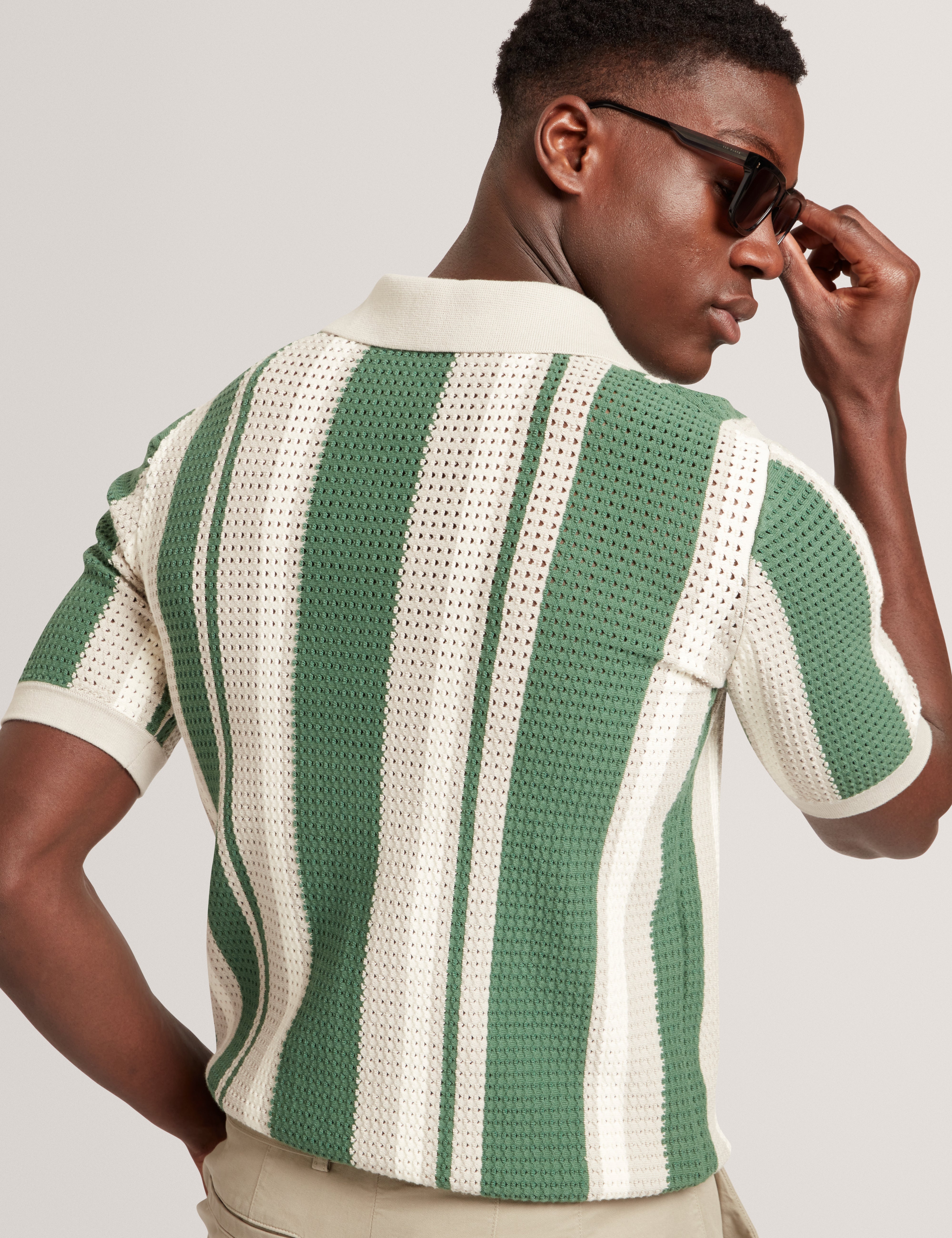 Ealings Short Sleeve Open Neck Pointelle Stripe Polo Khaki