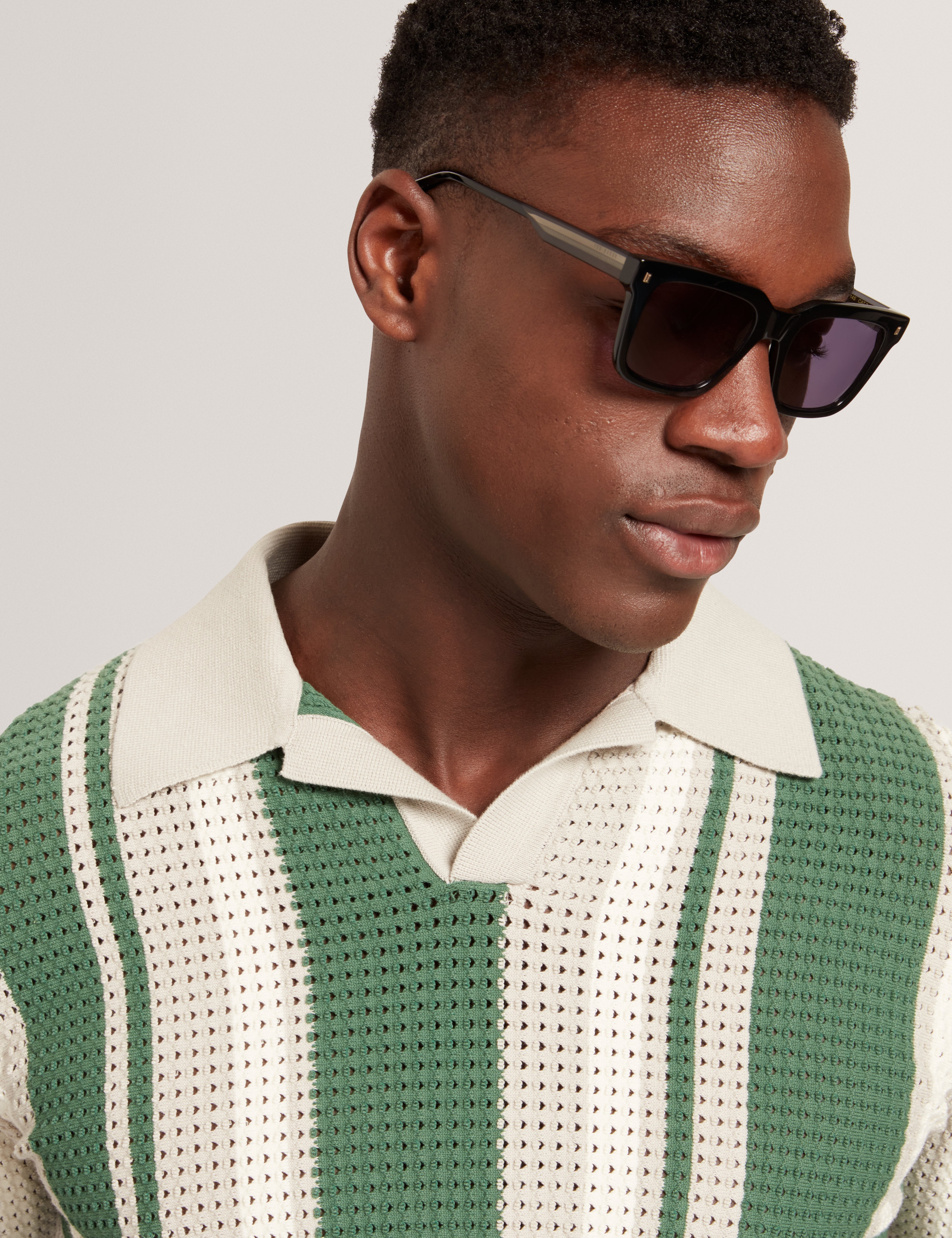 Ealings Short Sleeve Open Neck Pointelle Stripe Polo Khaki