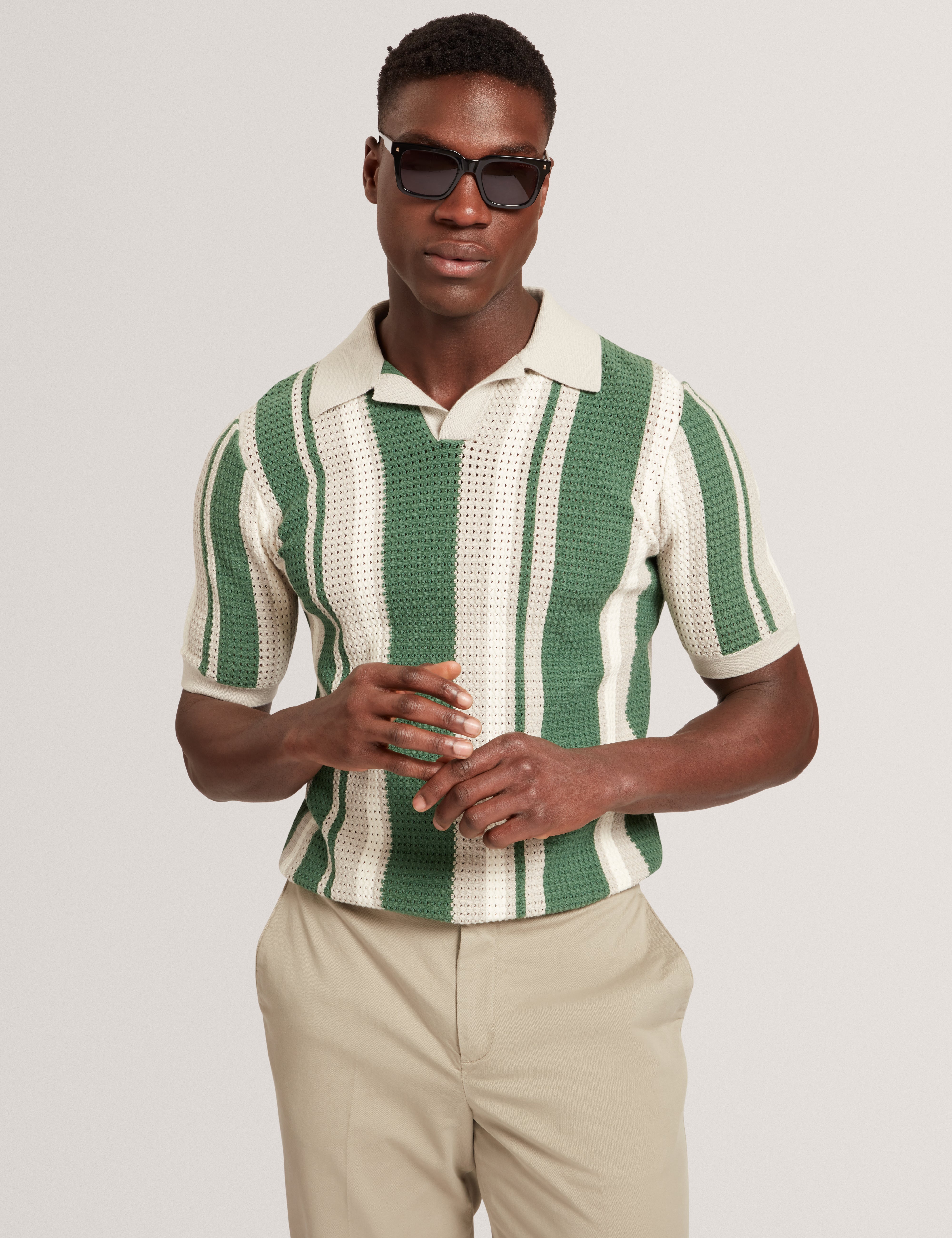 Ealings Short Sleeve Open Neck Pointelle Stripe Polo Khaki