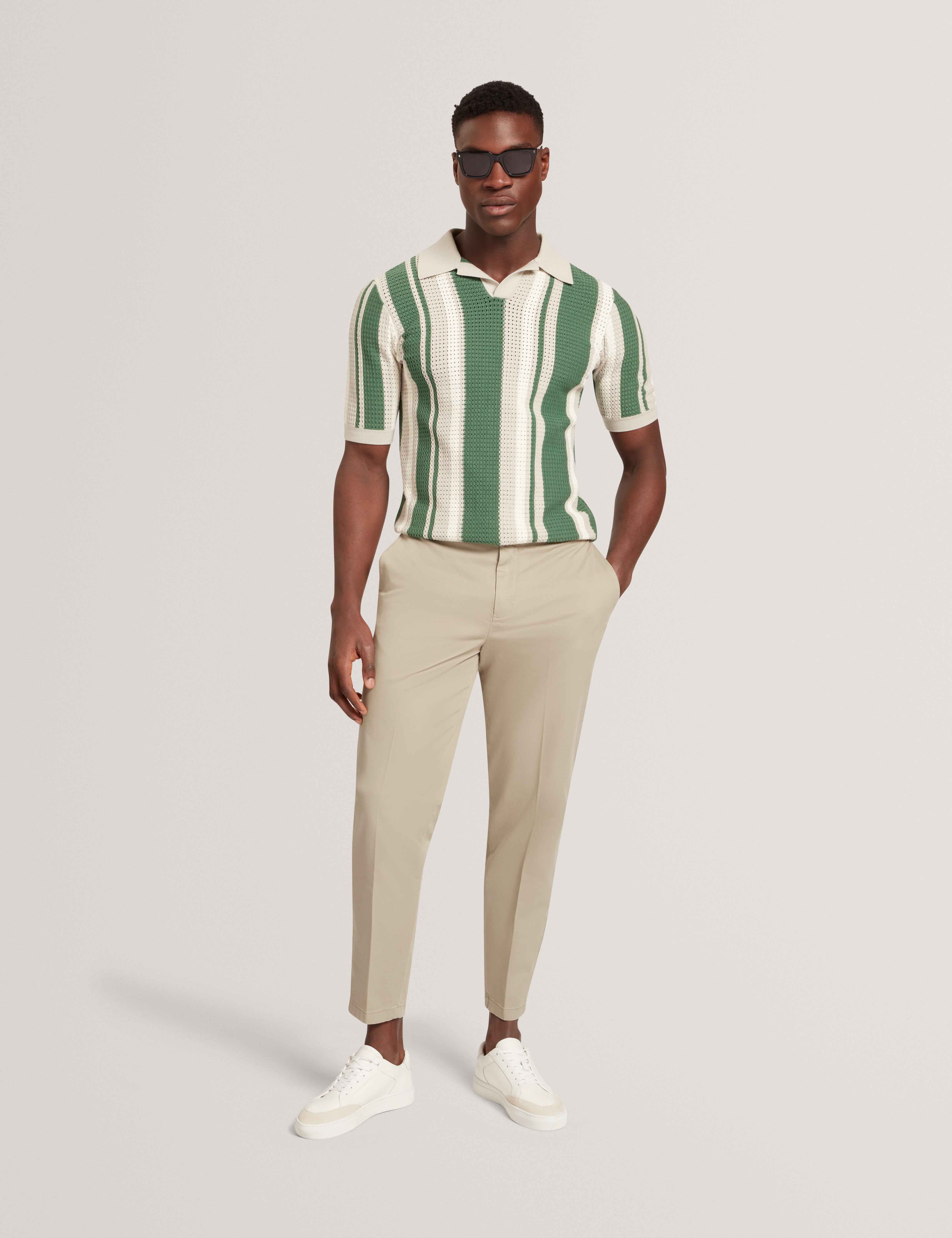 Ealings Short Sleeve Open Neck Pointelle Stripe Polo Khaki