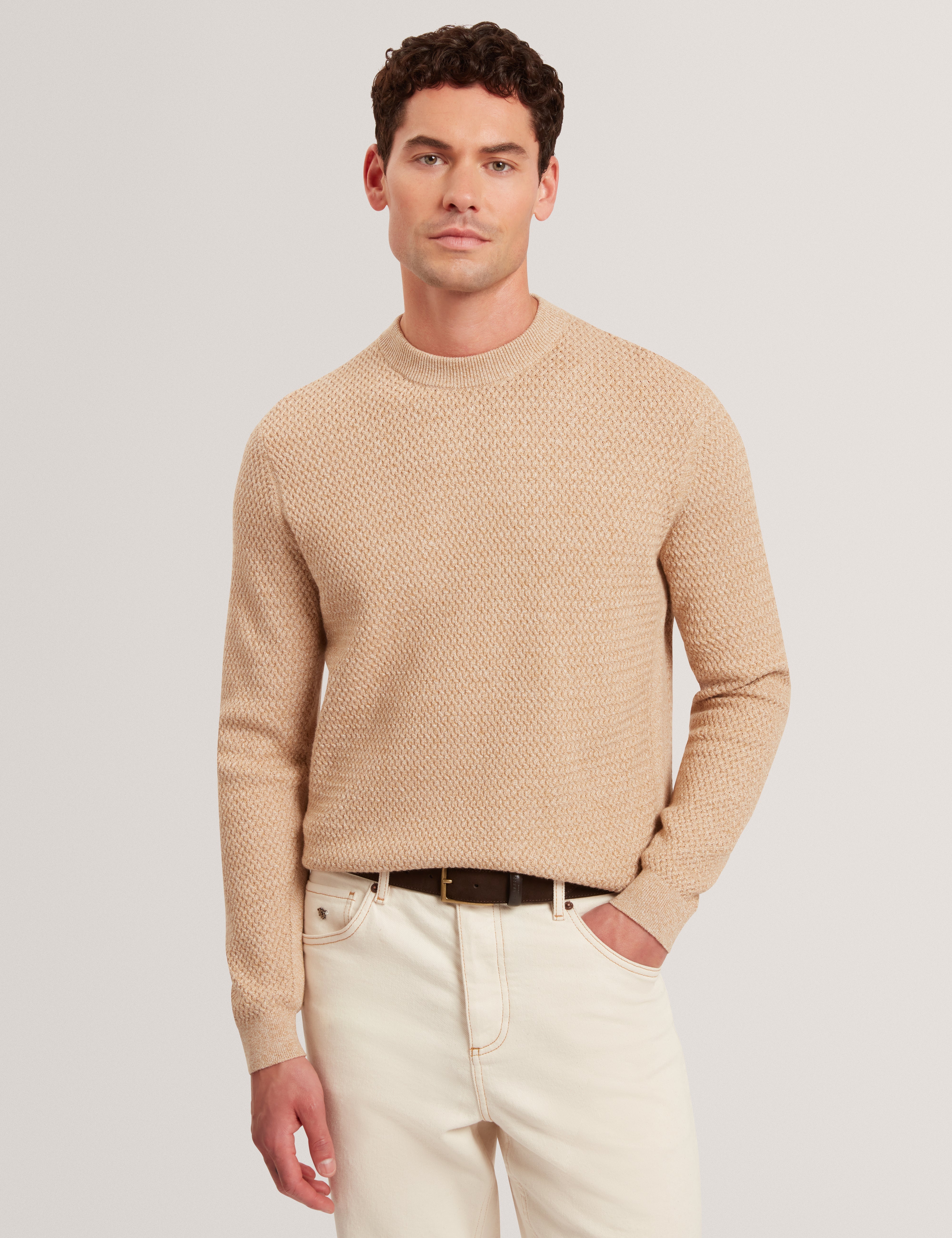 Monya Ls Textured Knit Crew Neck Camel