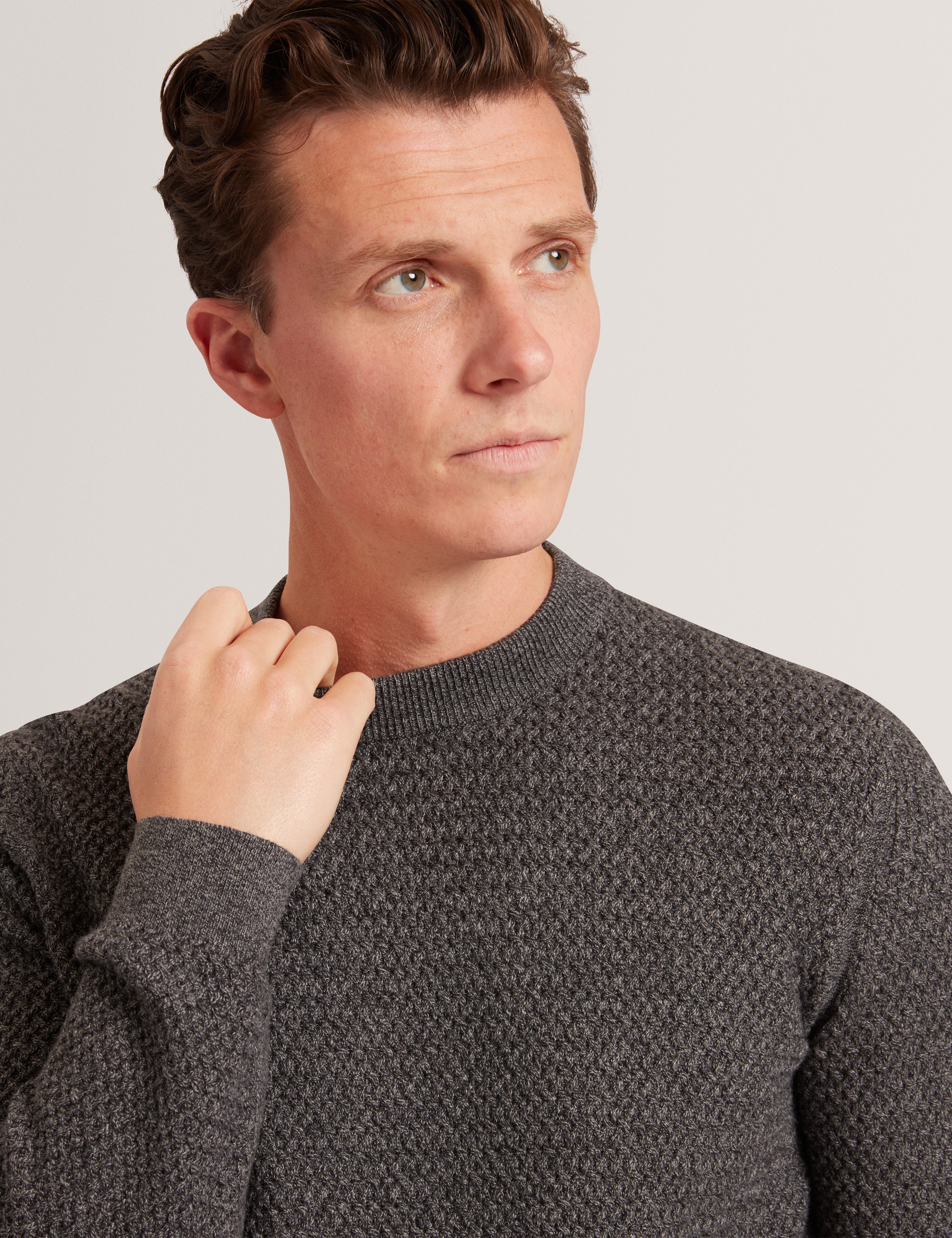 Monya Long Sleeve Textured Knit Crew Neck Mid-Grey
