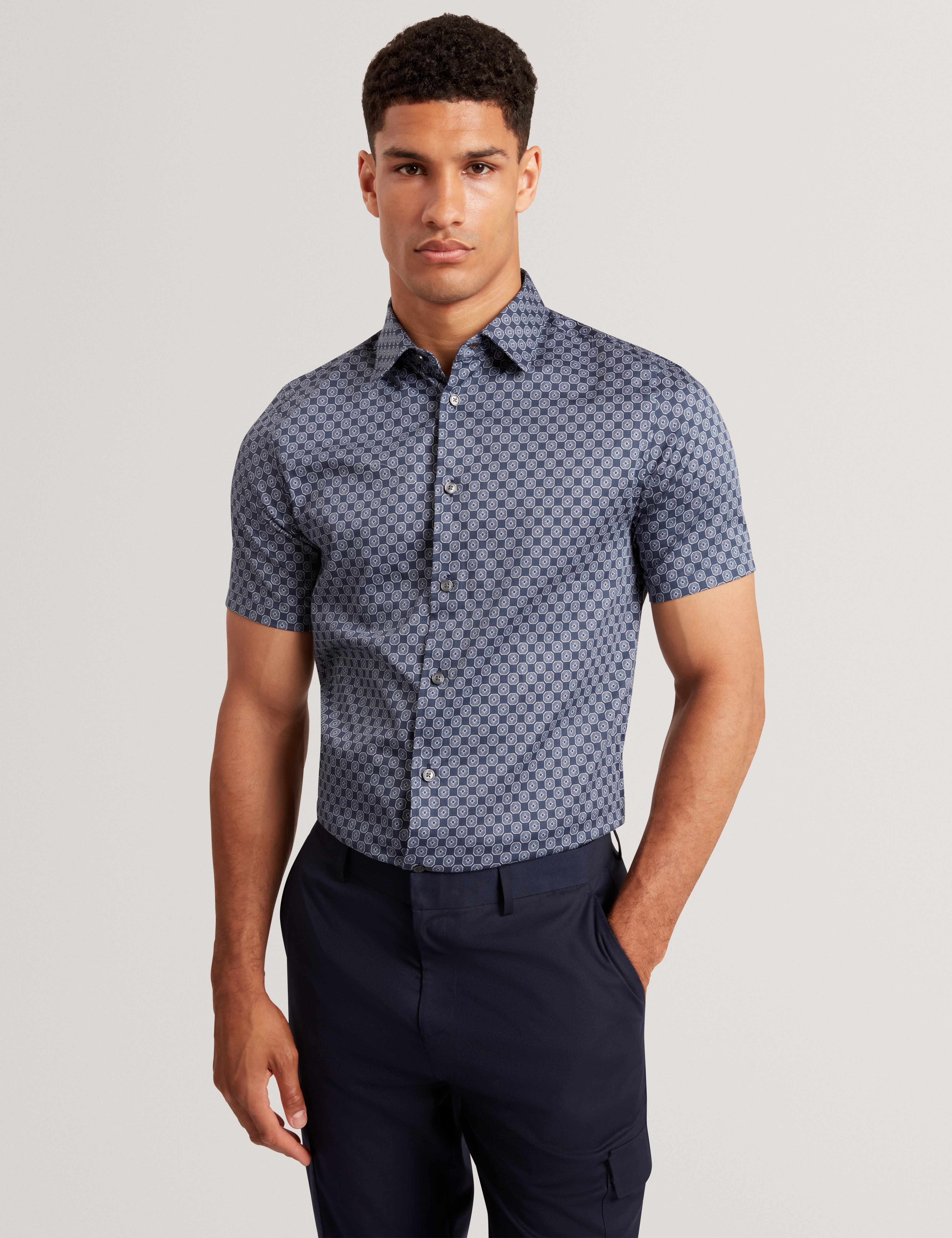 Sefsho Ss Slim Fit Circle Geo Print Shirt Navy