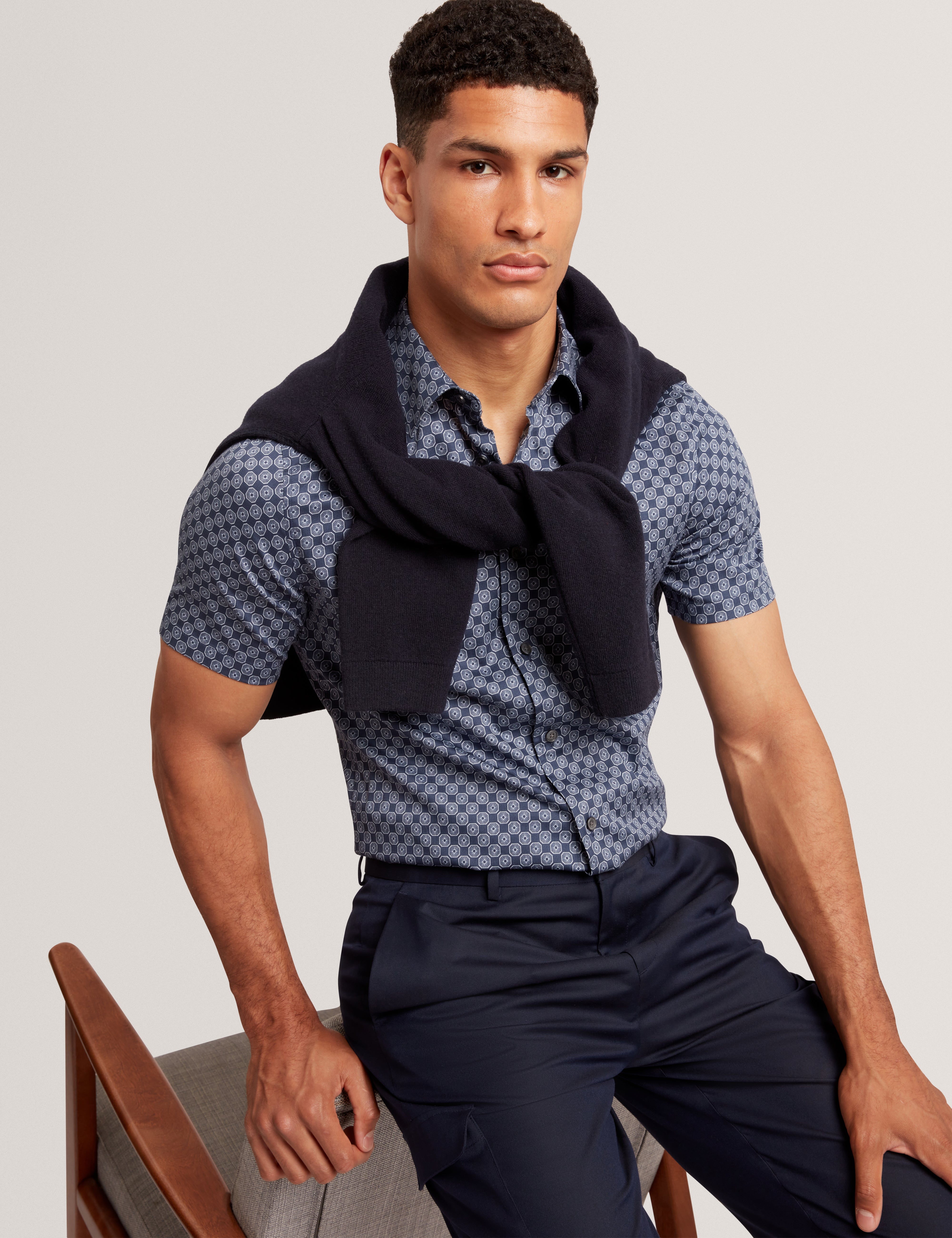 Sefsho Ss Slim Fit Circle Geo Print Shirt Navy