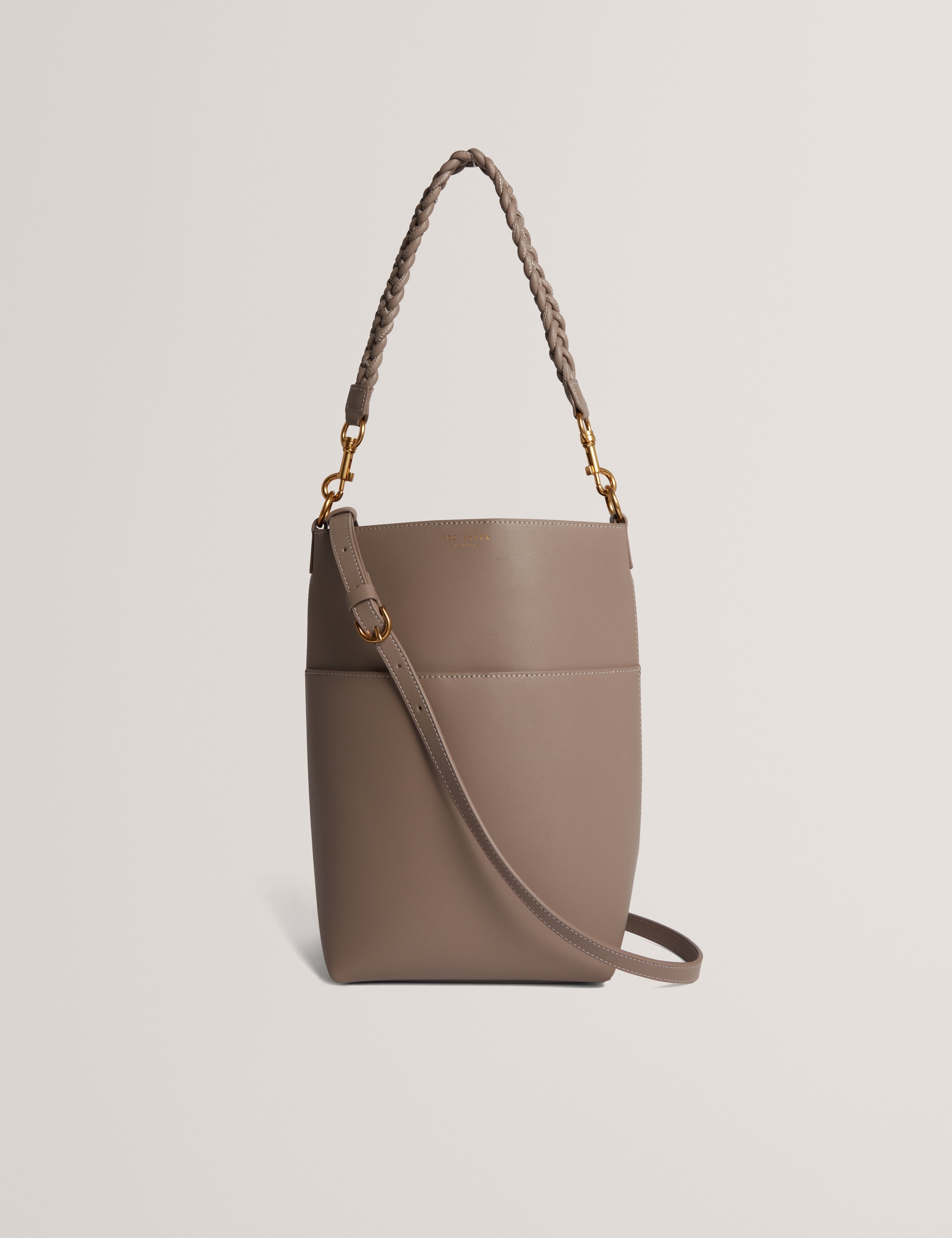 Wannda Weave Handle Leather Medium Bucket Bag Taupe