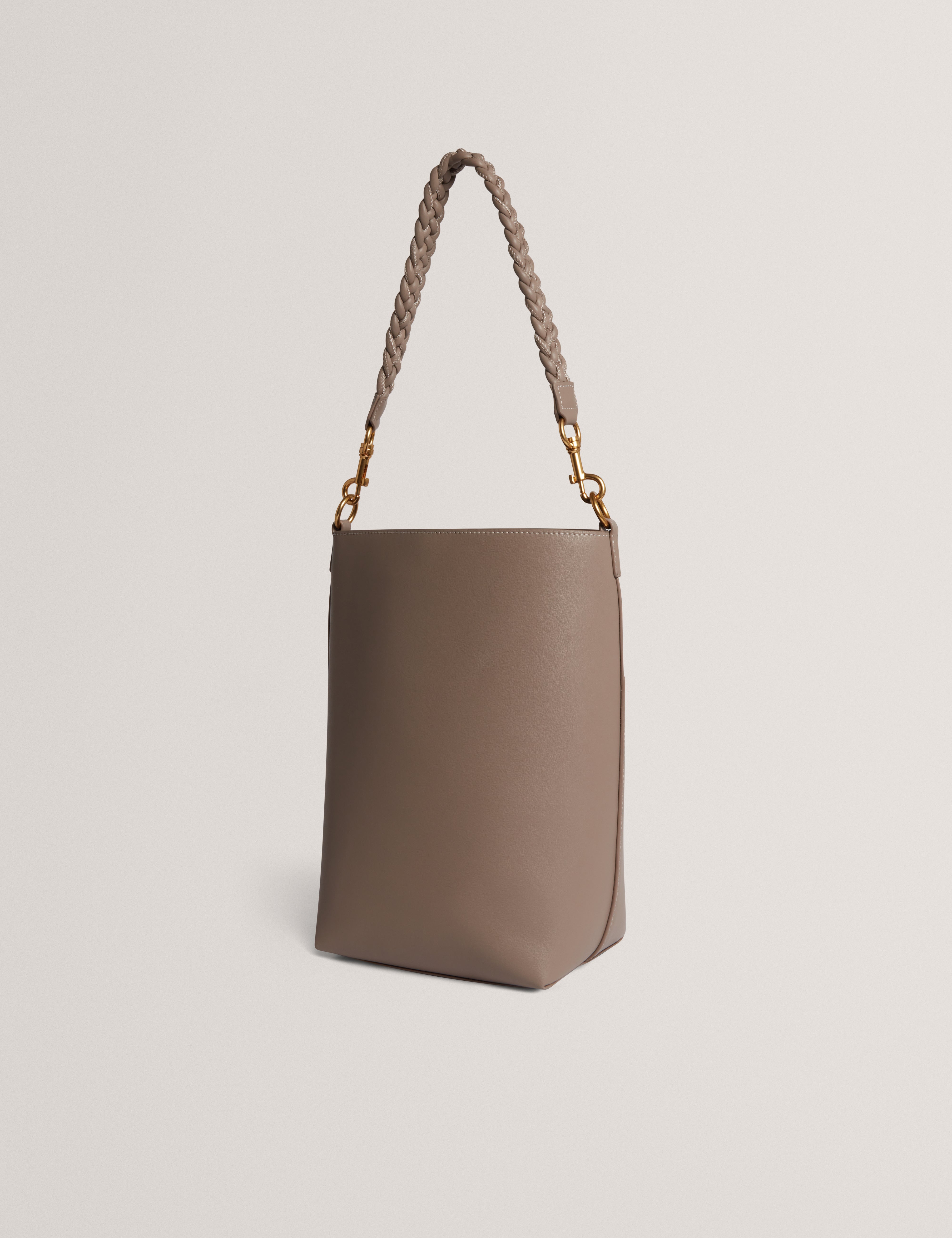 Wannda Weave Handle Leather Medium Bucket Bag Taupe