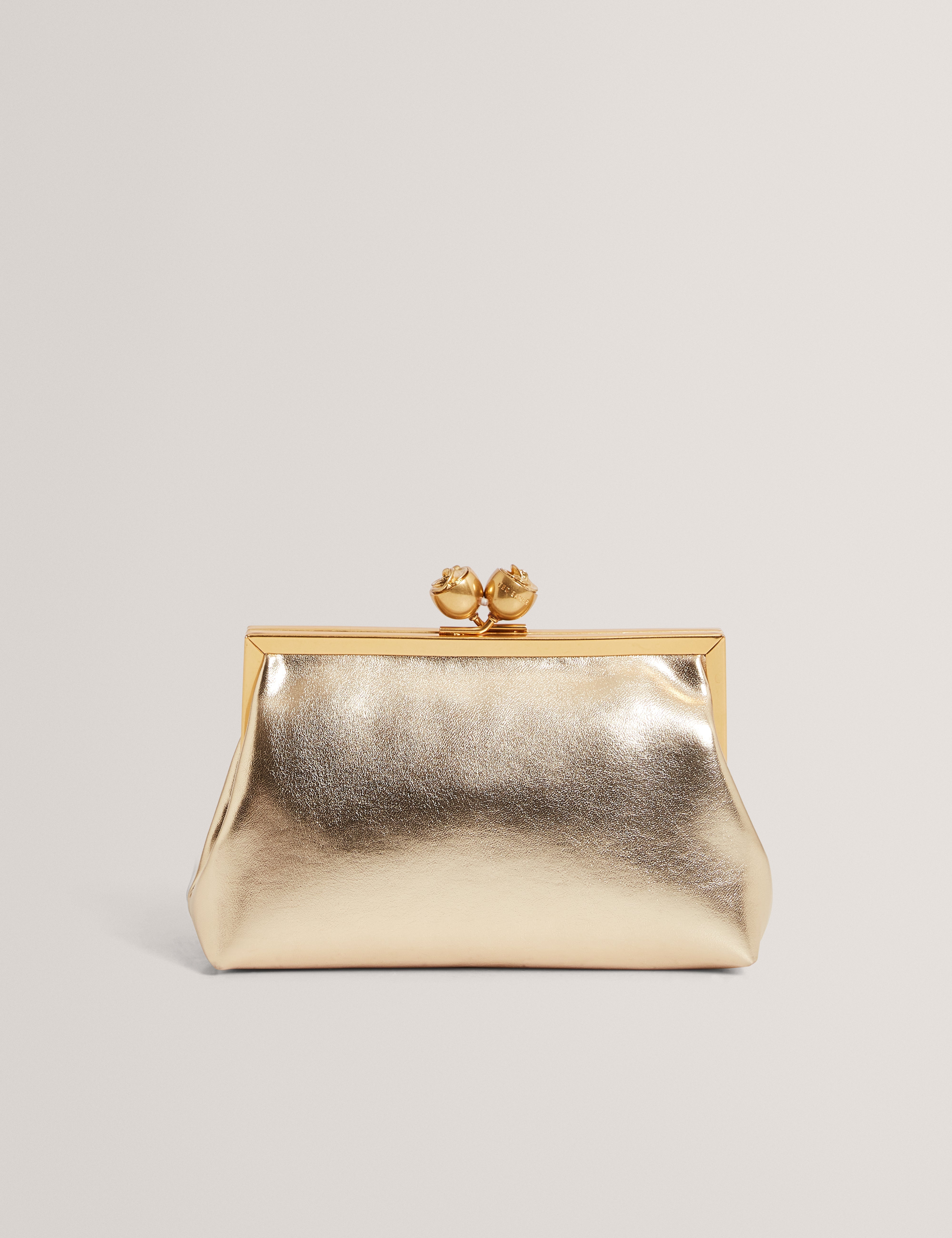 Sylviii Rose Detail Leather Metallic Clutch Bag Gold