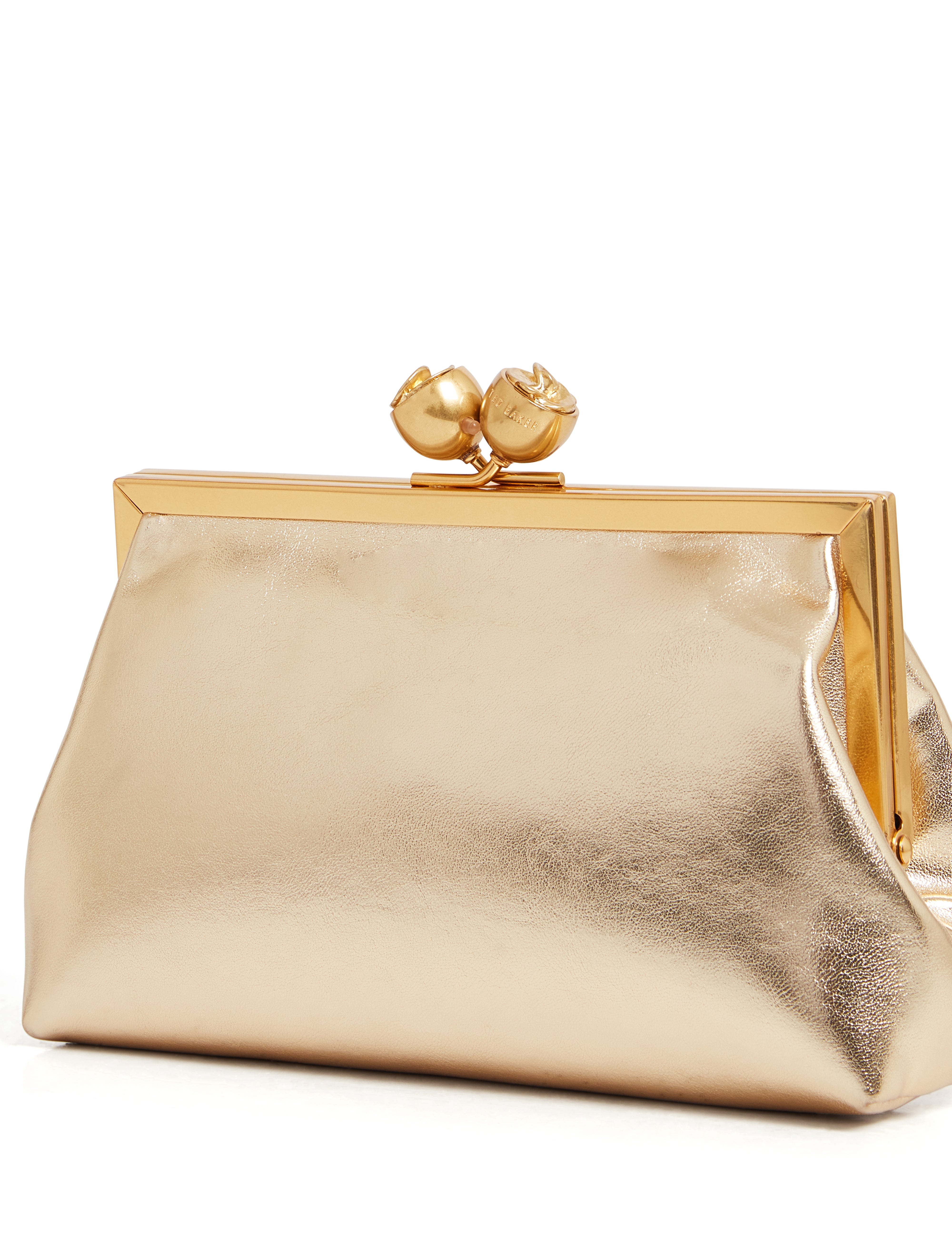 Sylviii Rose Detail Leather Metallic Clutch Bag Gold