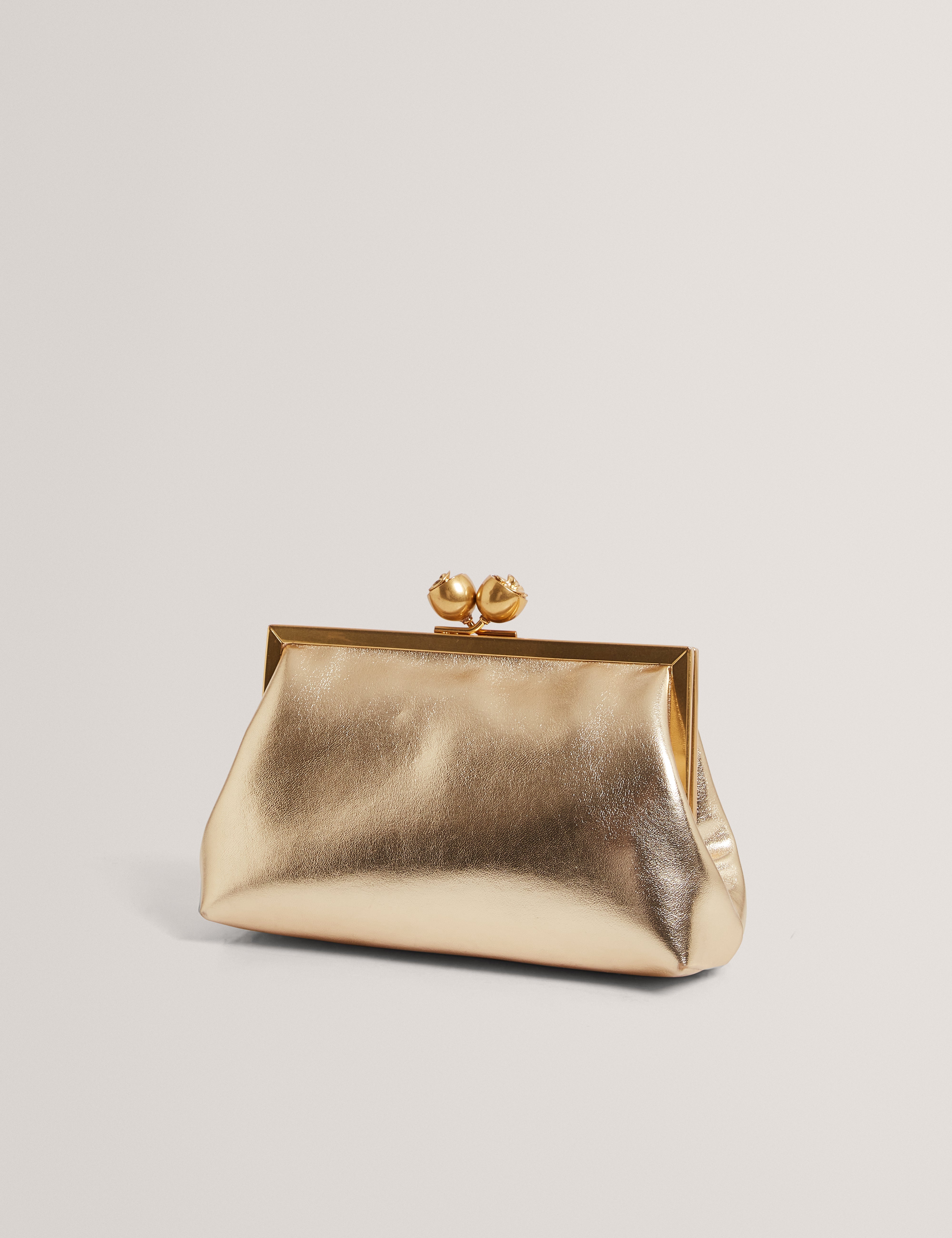 Sylviii Rose Detail Leather Metallic Clutch Bag Gold
