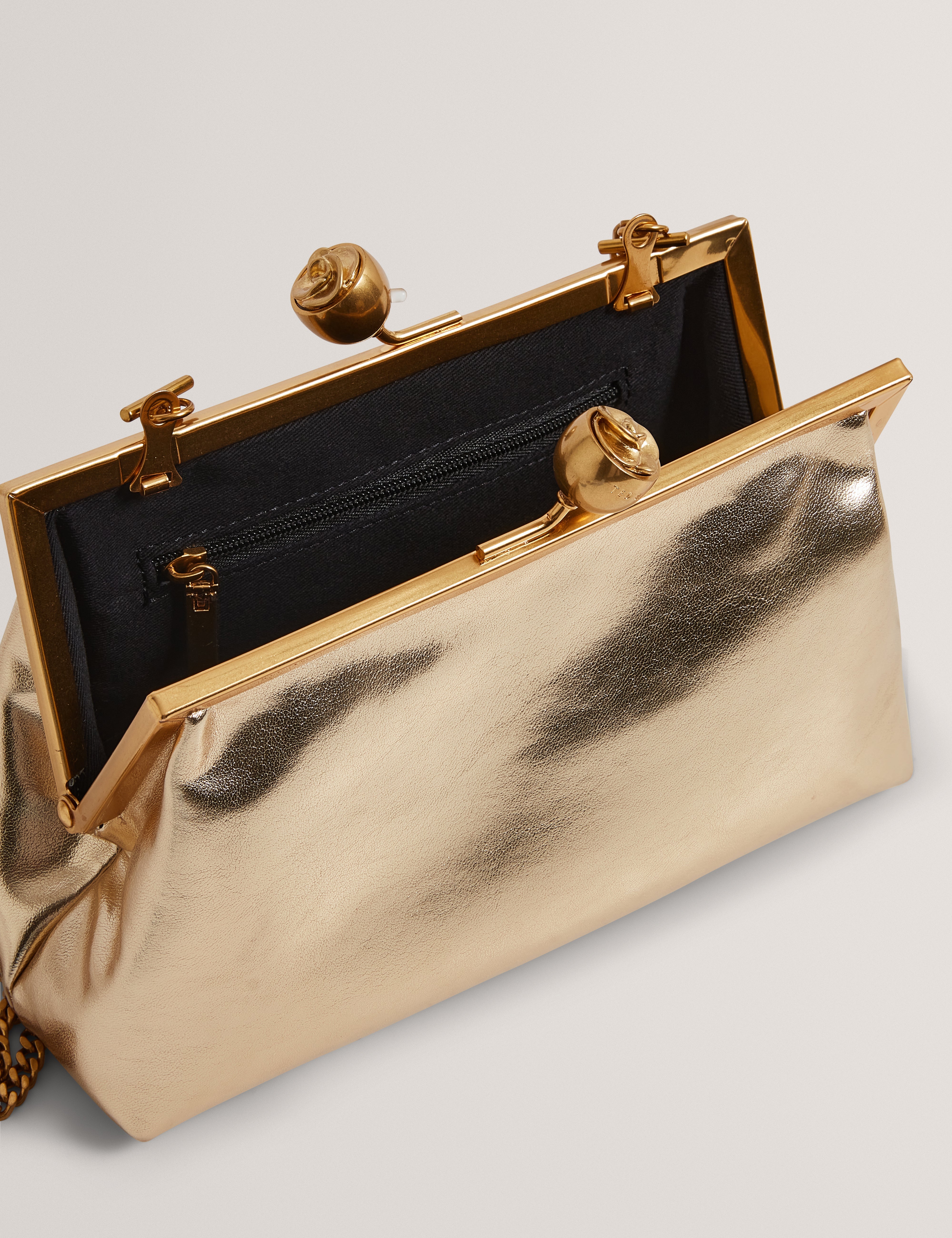 Sylviii Rose Detail Leather Metallic Clutch Bag Gold