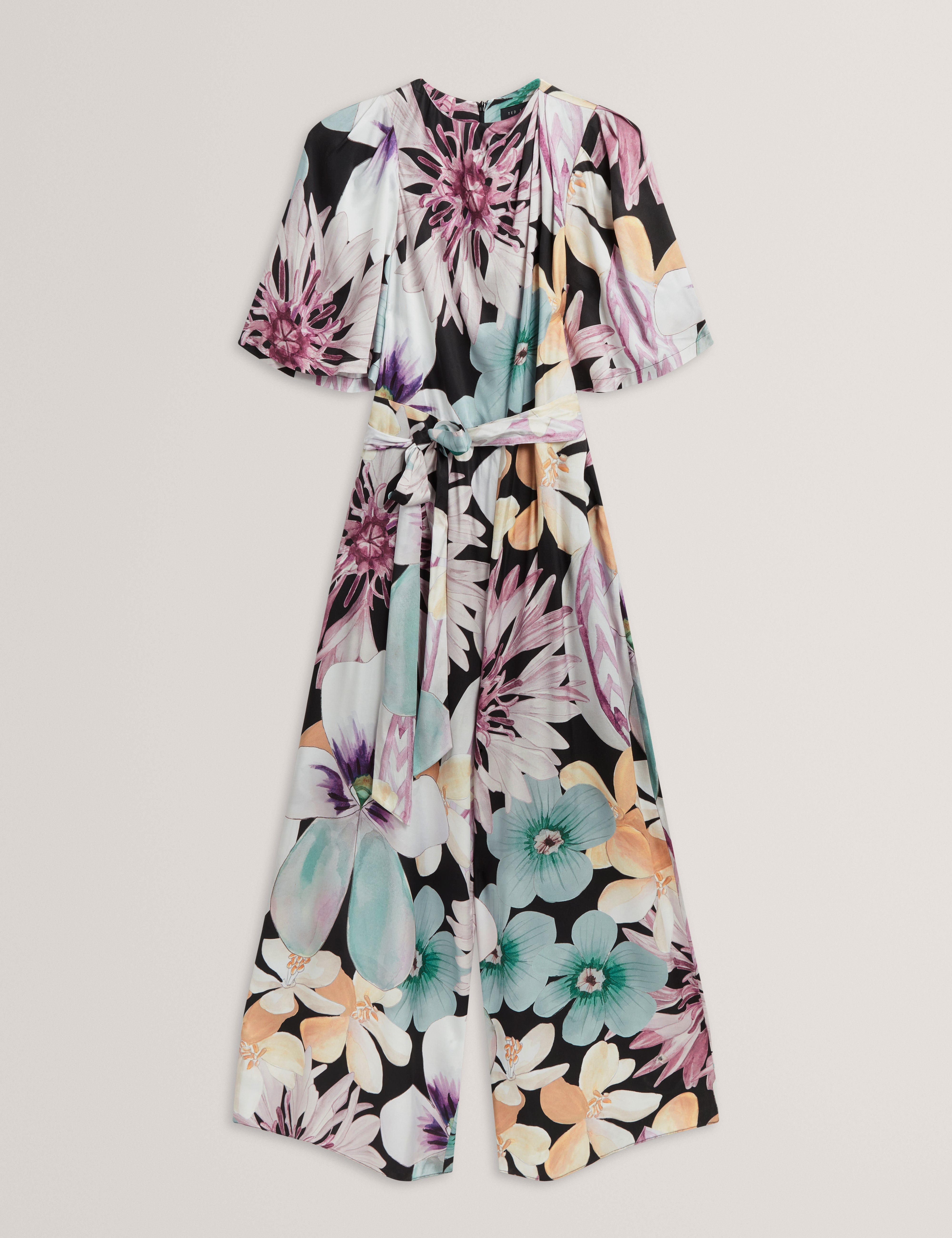 Sunshi Printed Drape Neck Detail Wide Leg Jumps Black
