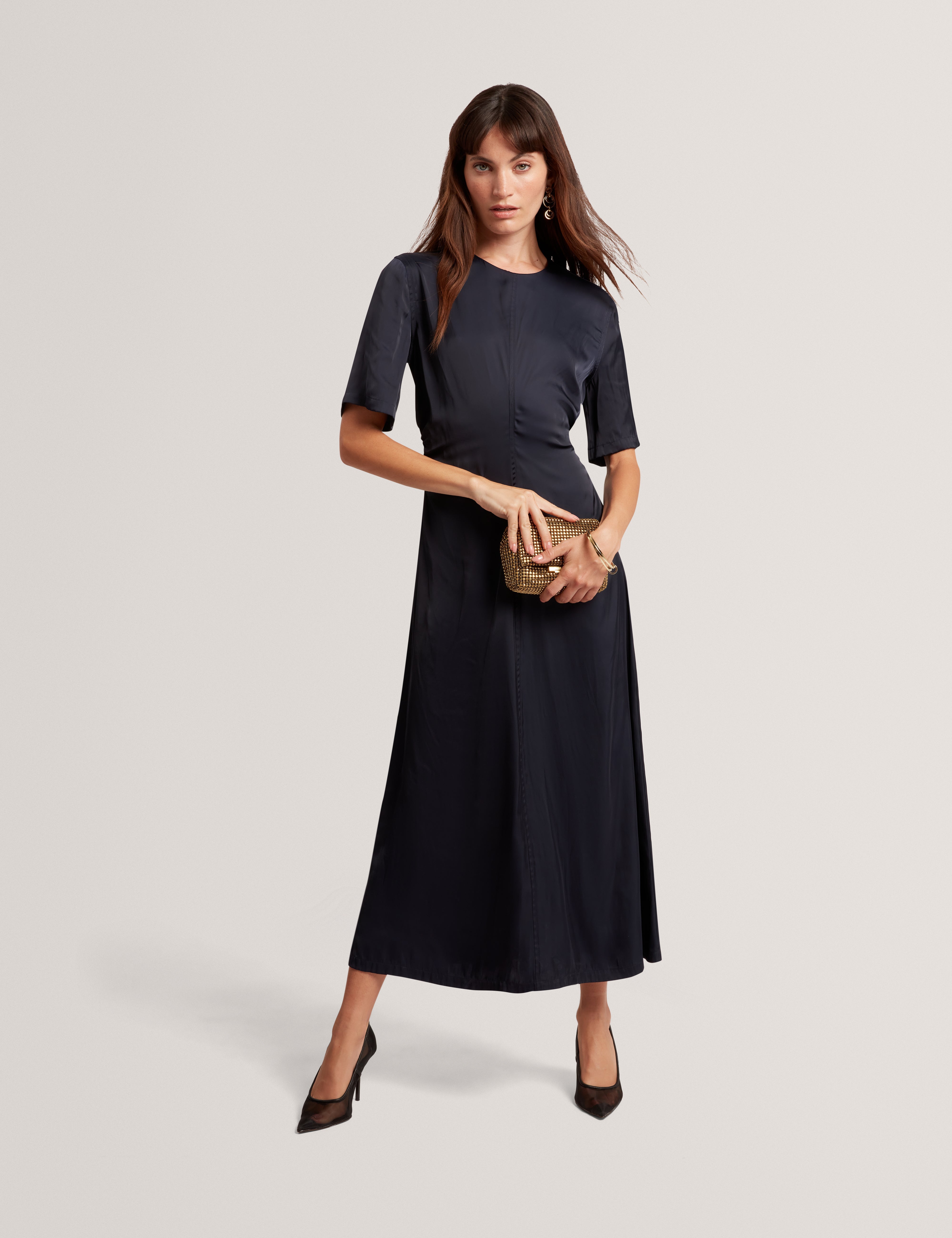 Plumma Short Sleeve Gathered Waist Midi Dress Navy