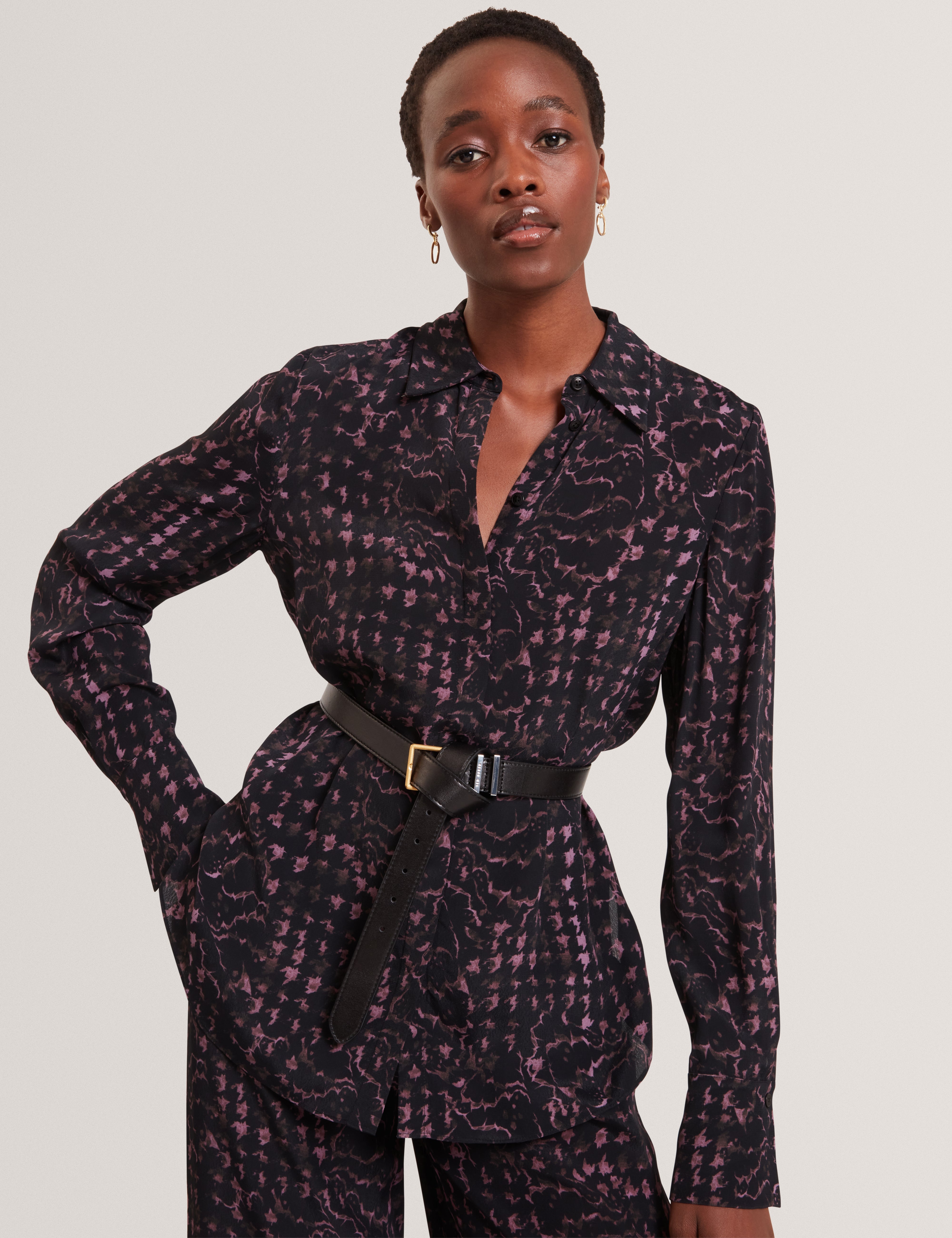 Cobala Long Line Printed Shirt Black