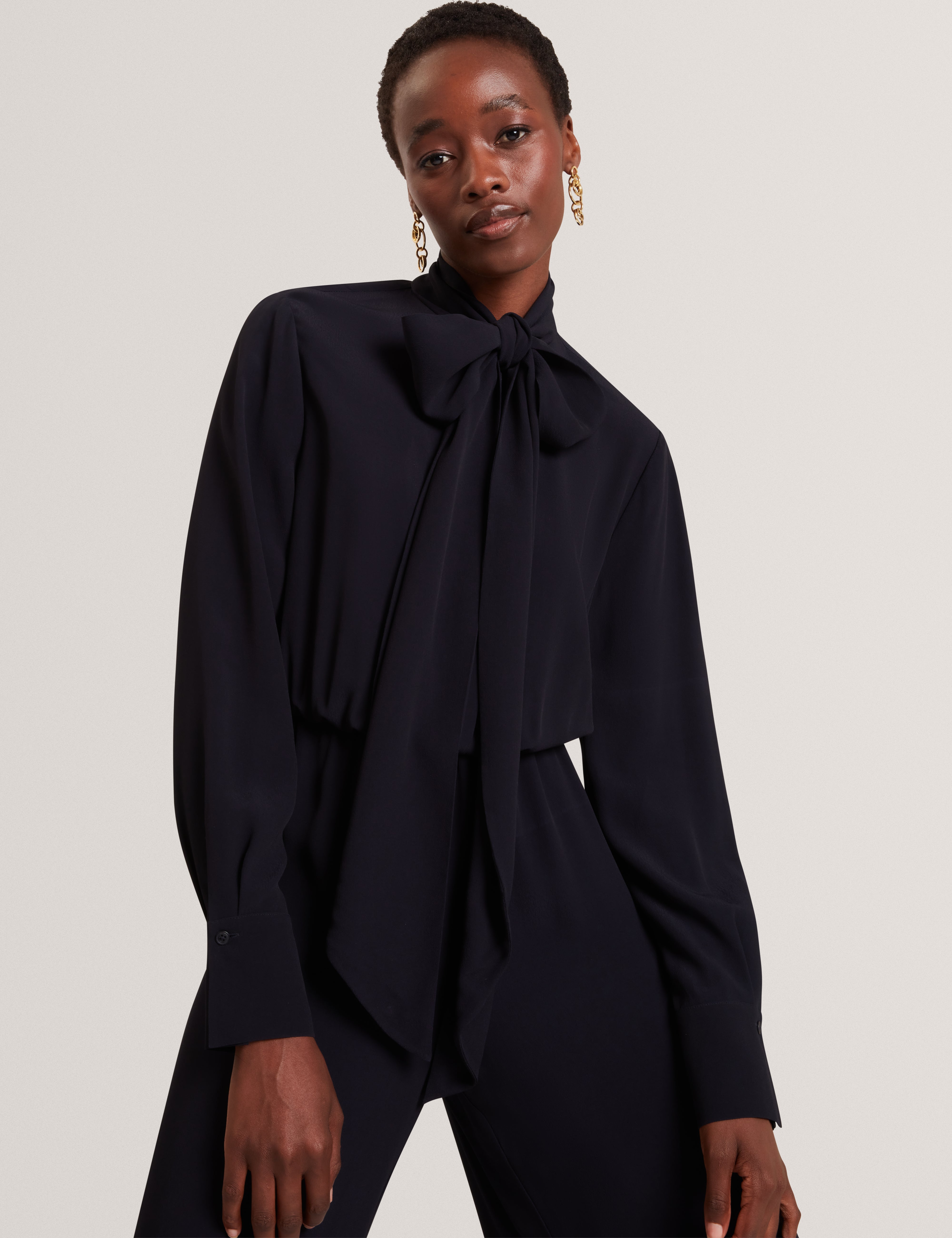 Kyrabe Cravat Tie Neck Shirt Wide Leg Jumpsuit Navy