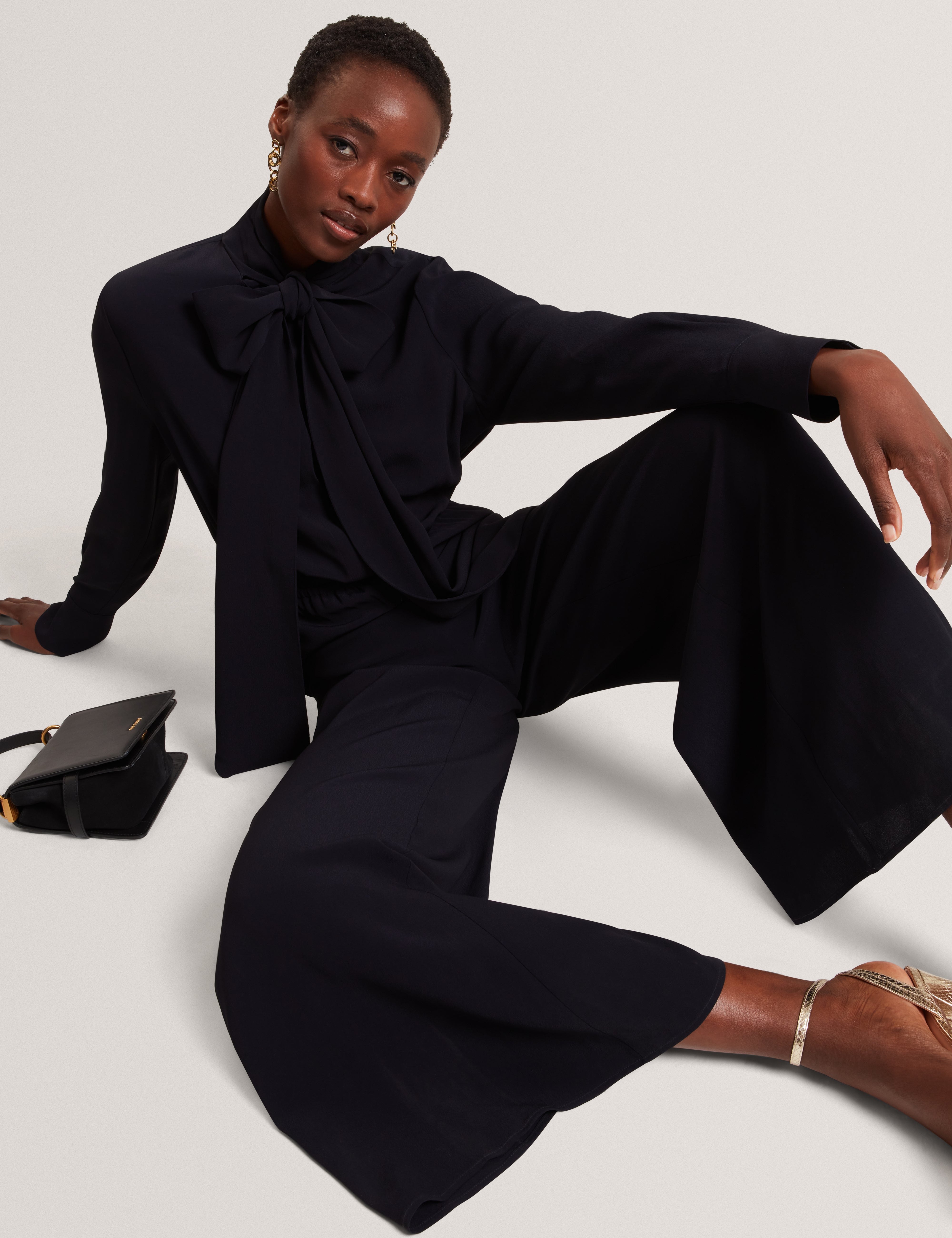 Kyrabe Cravat Tie Neck Shirt Wide Leg Jumpsuit Navy