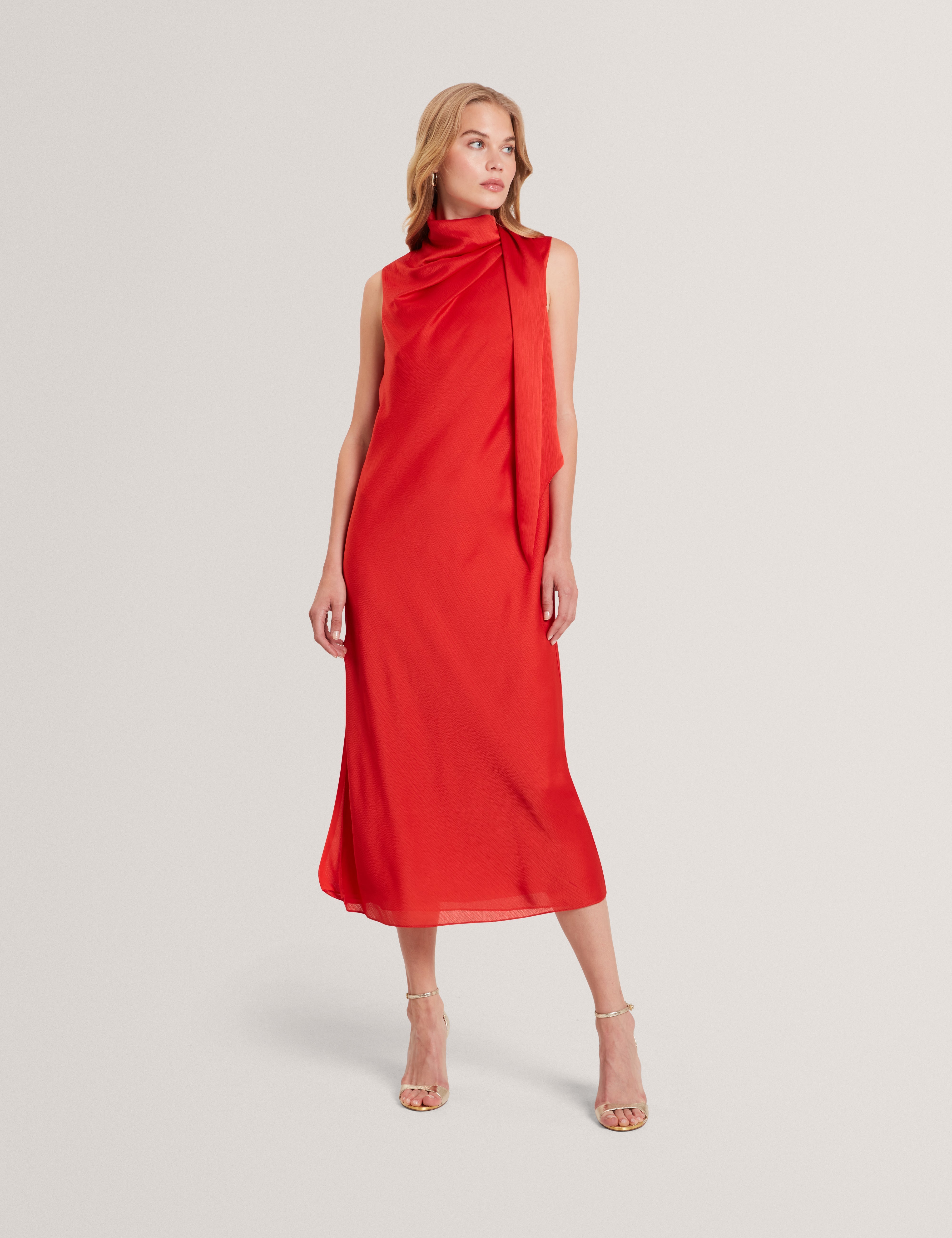 Goana Sleeveless Neck Tie Midi Dress Bur-Orange