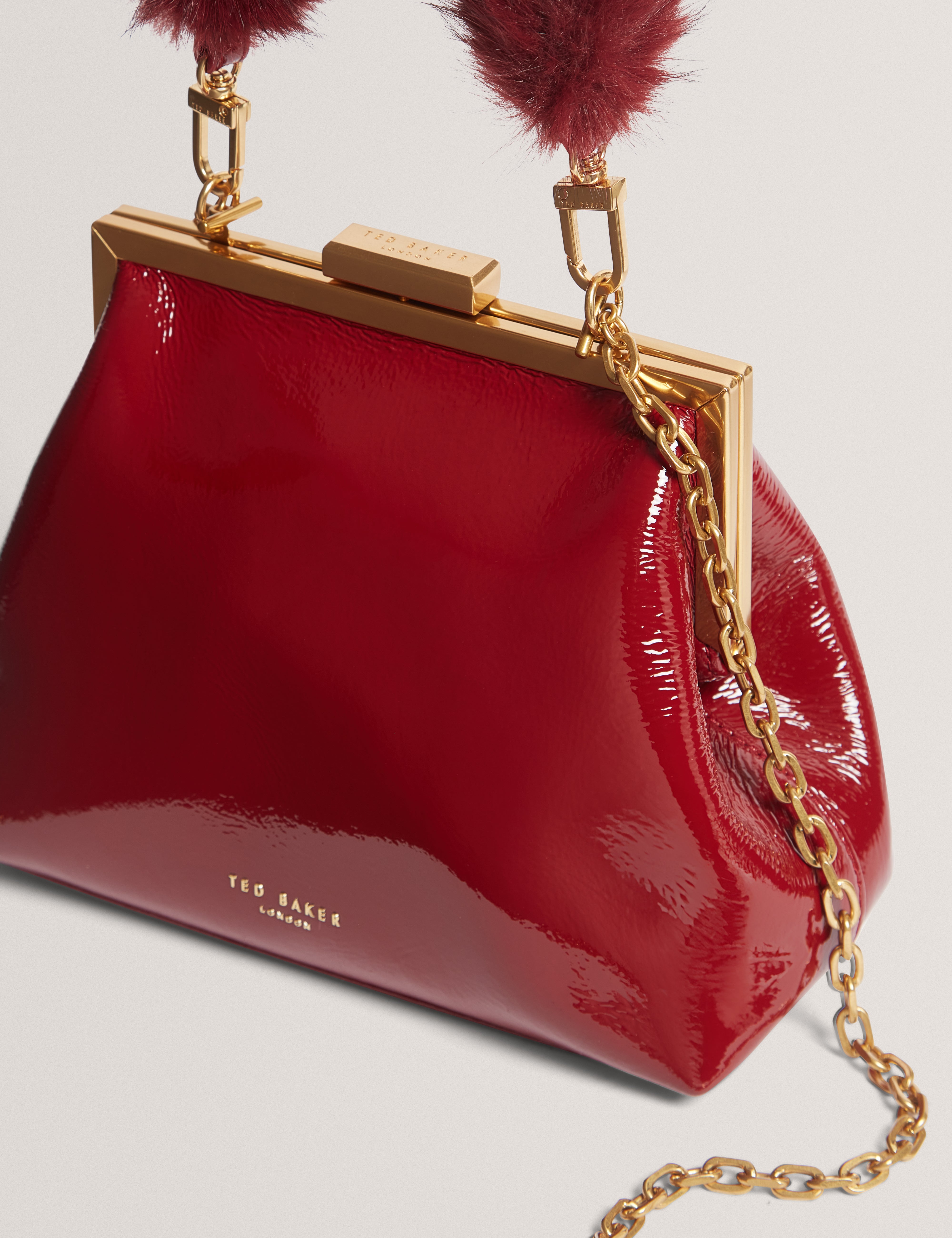 Purcel Leather Patent Fur Handle Clutch Bag Red