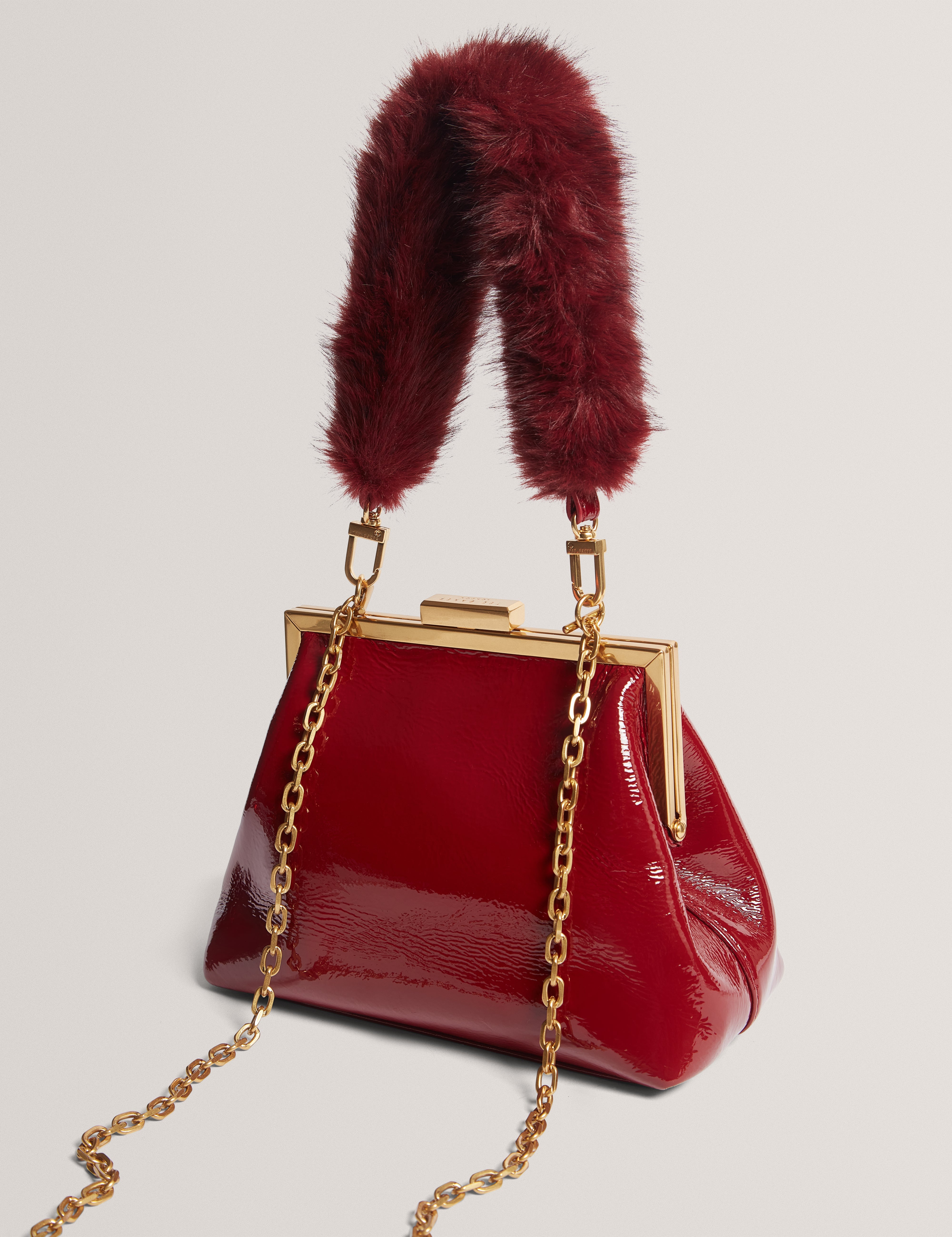 Purcel Leather Patent Fur Handle Clutch Bag Red