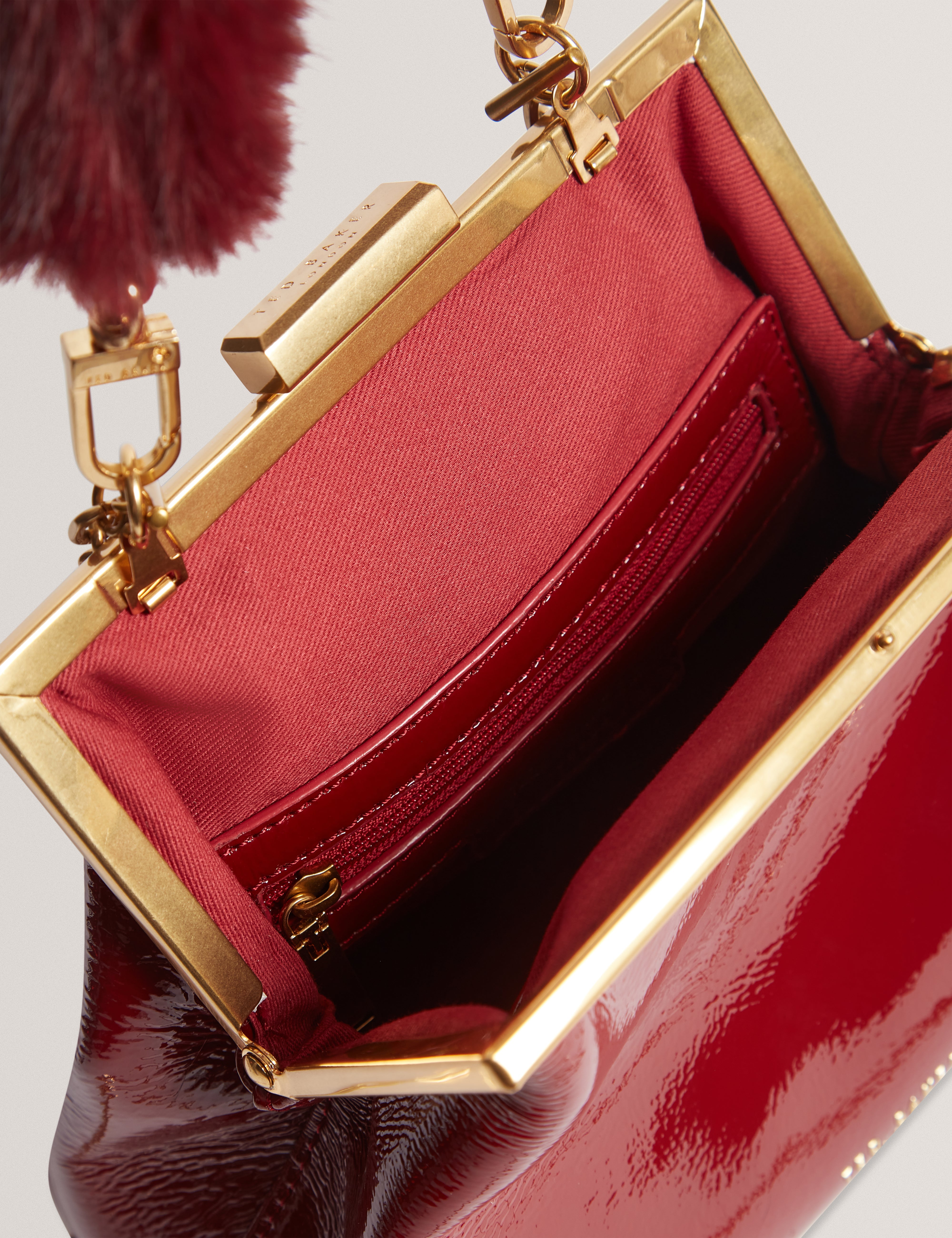 Purcel Leather Patent Fur Handle Clutch Bag Red
