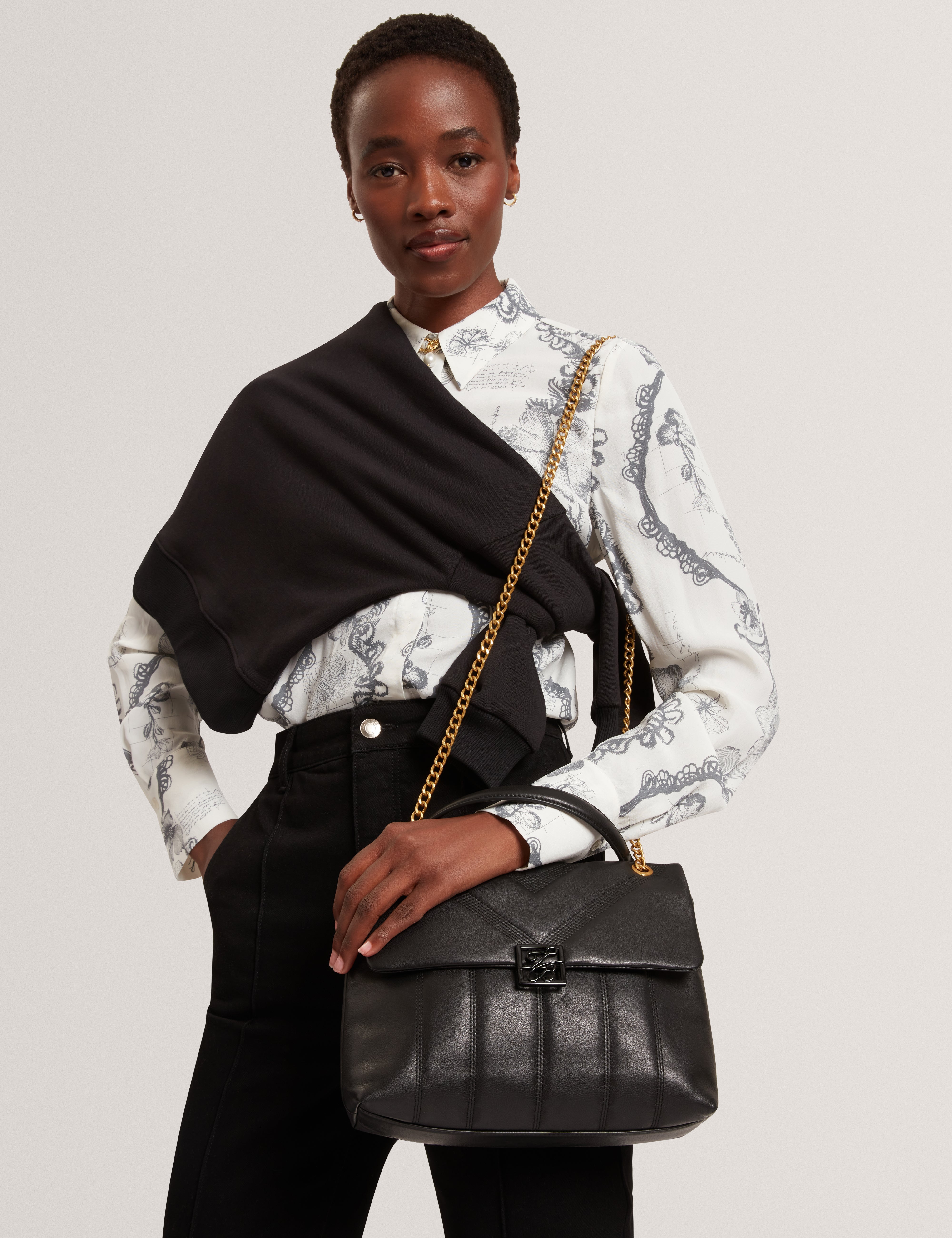 Anileah Tb Script Detail Leather Padded Shoulder Black