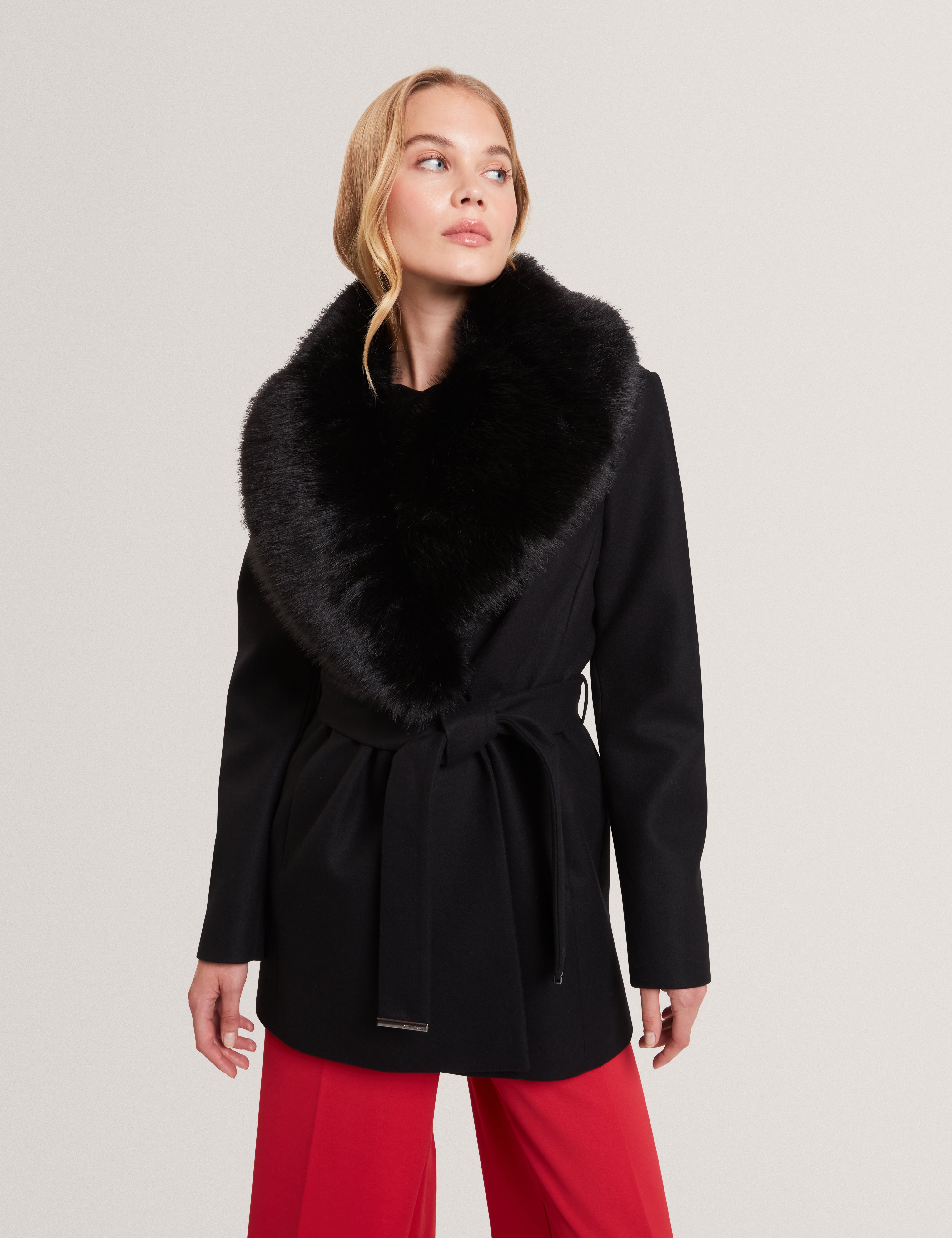 Toroja Faux Fur Belted Short Coat Black