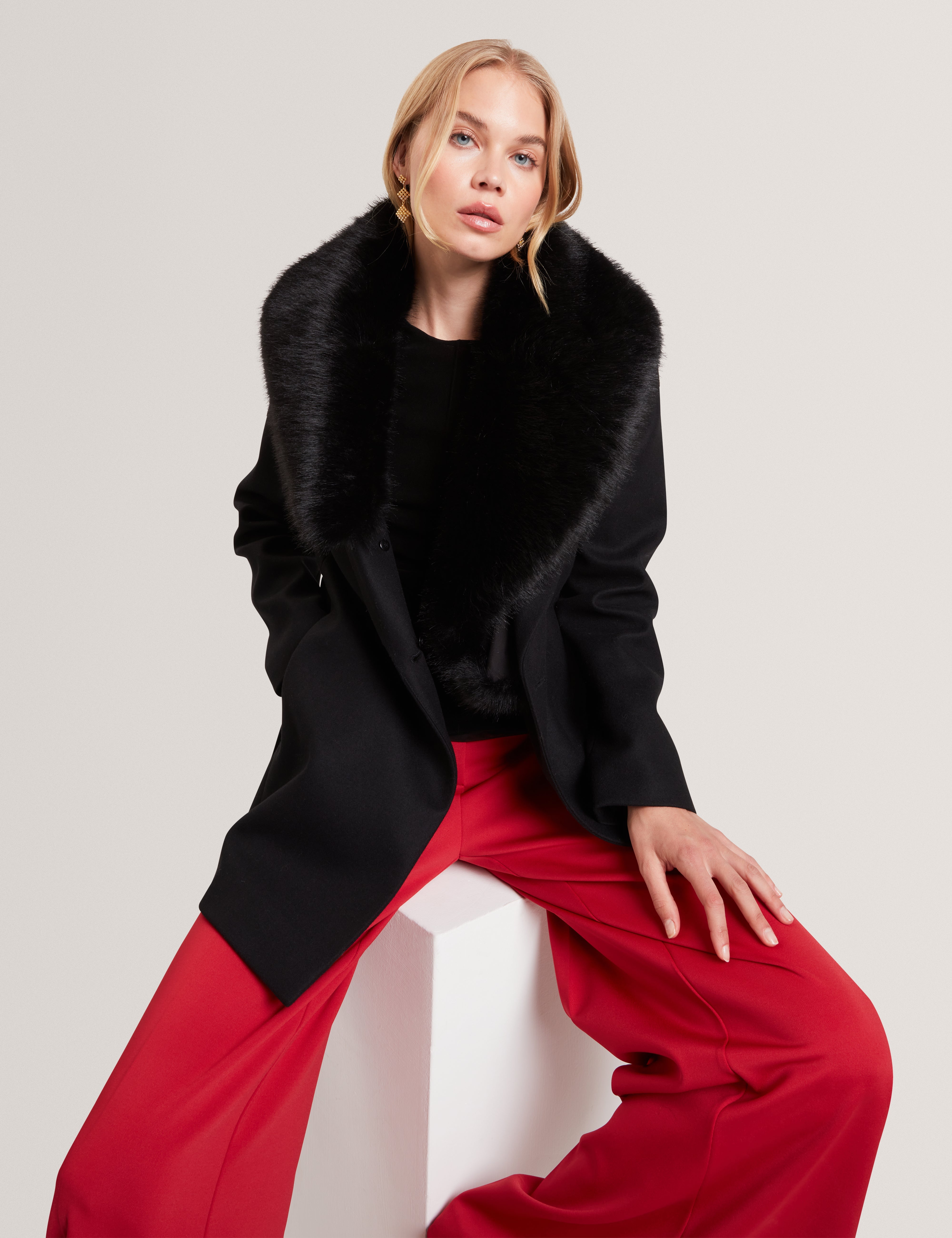 Toroja Faux Fur Belted Short Coat Black