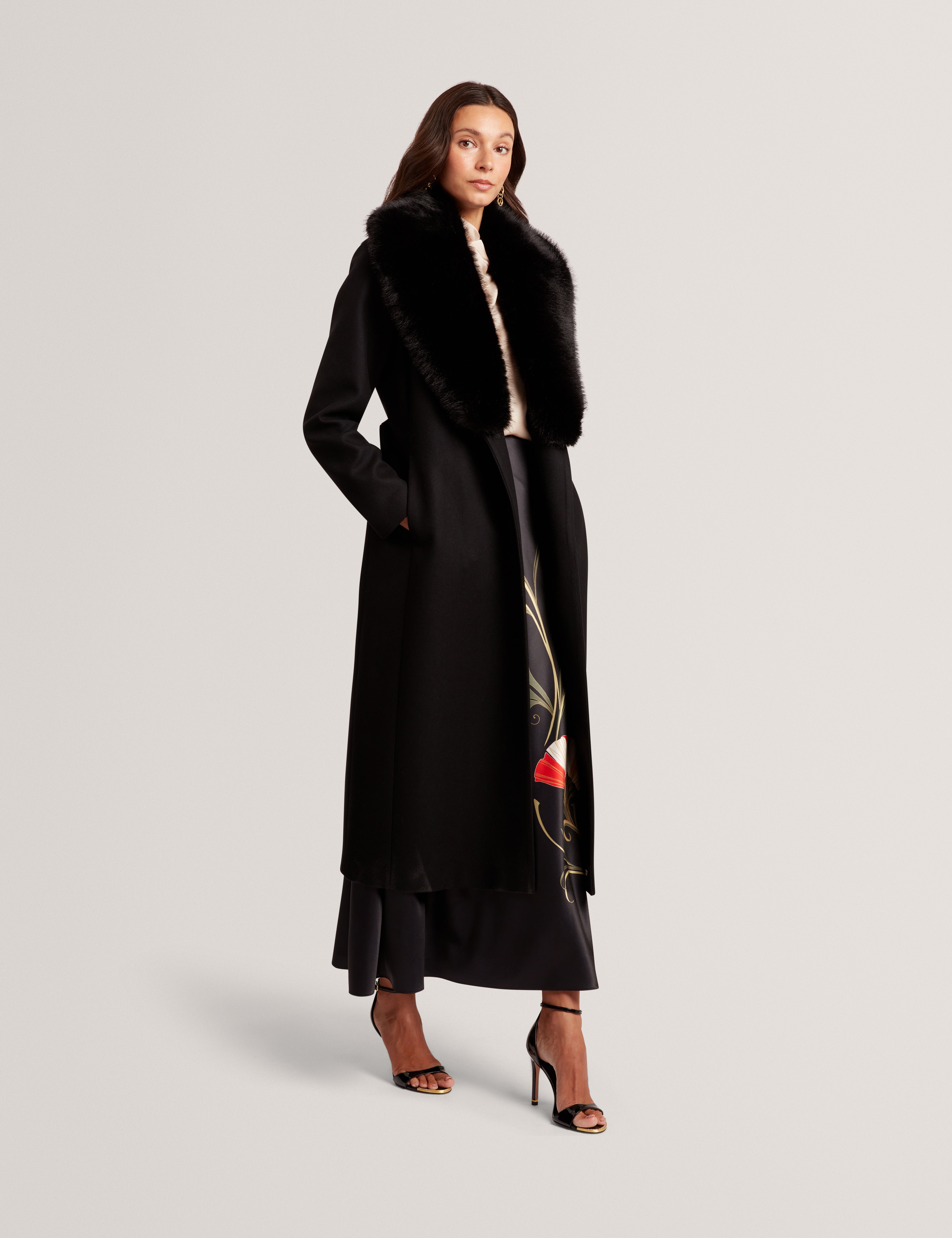 Musea Faux Fur Belted Long Coat Black