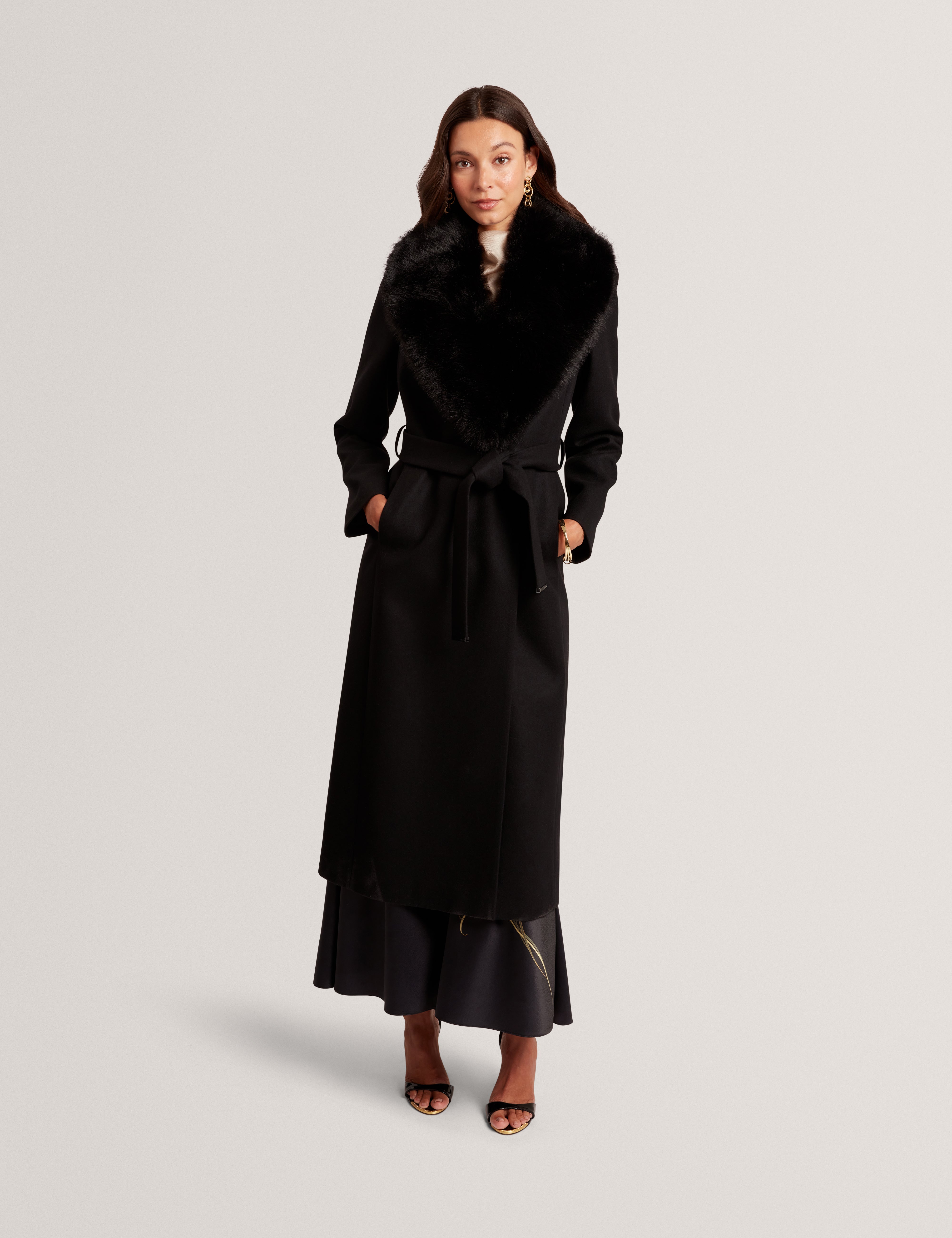 Musea Faux Fur Belted Long Coat Black