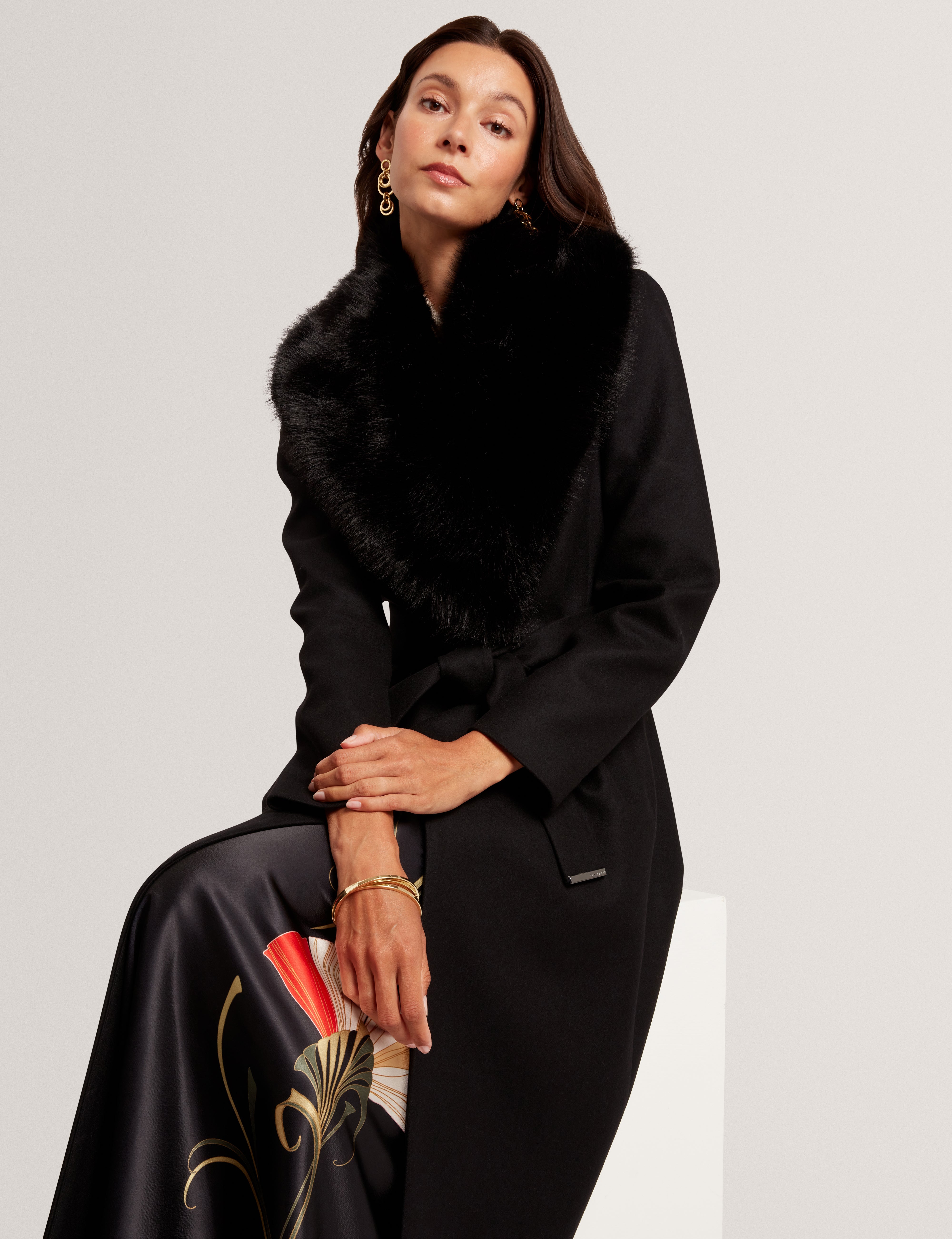 Musea Faux Fur Belted Long Coat Black