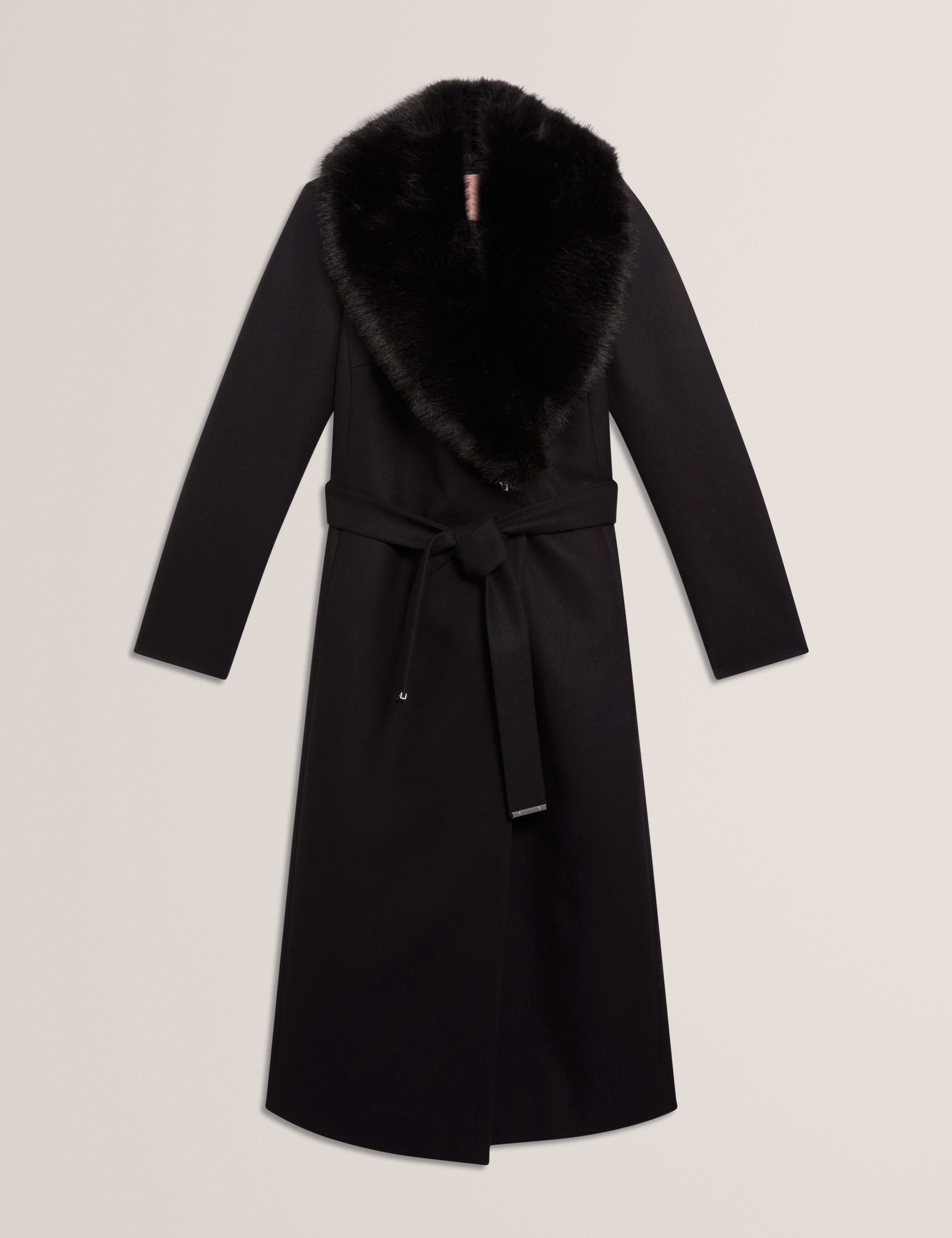 Musea Faux Fur Belted Long Coat Black