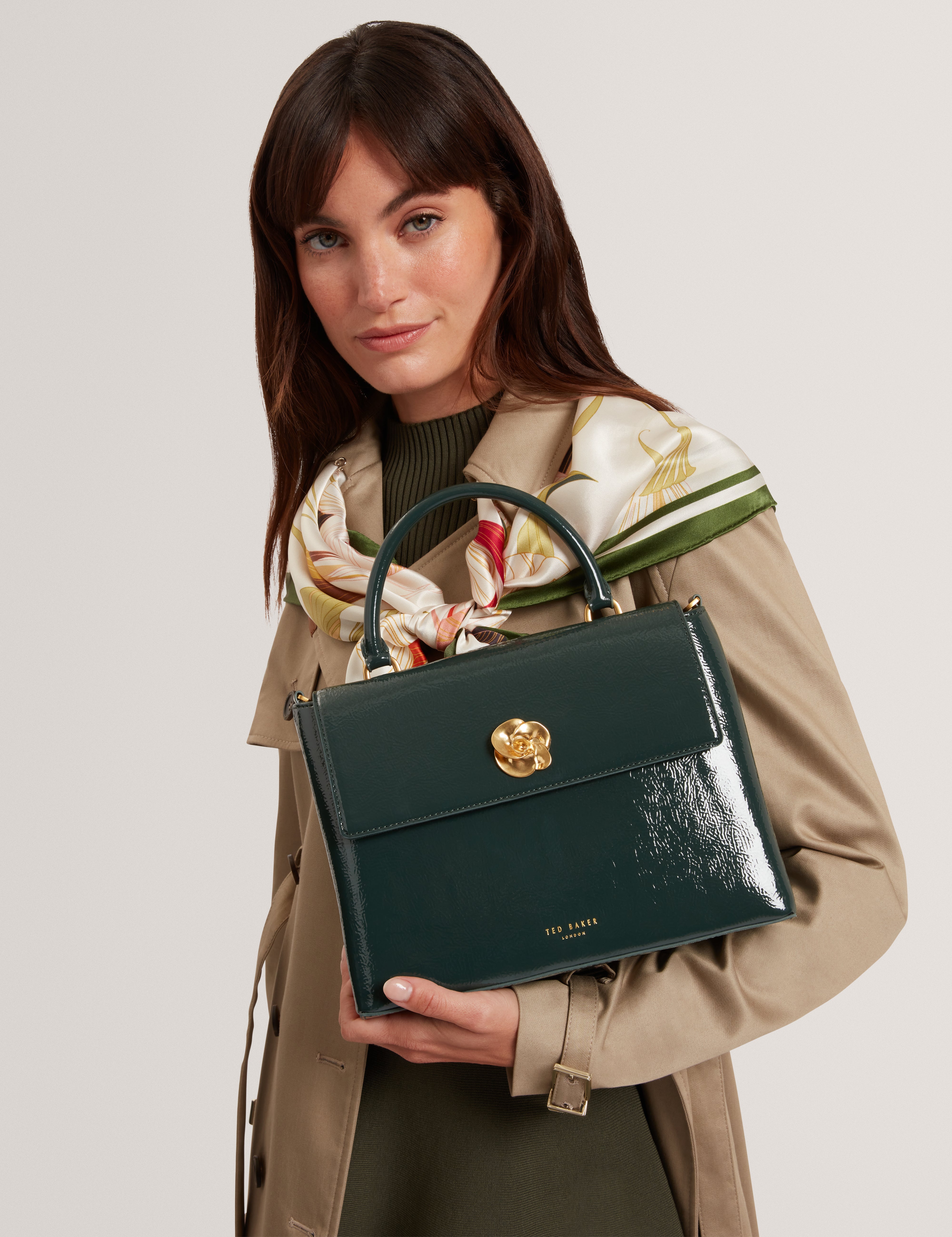 Rosenau Rose Detail Crinkle Medium Top Handle Ba Dk-Green